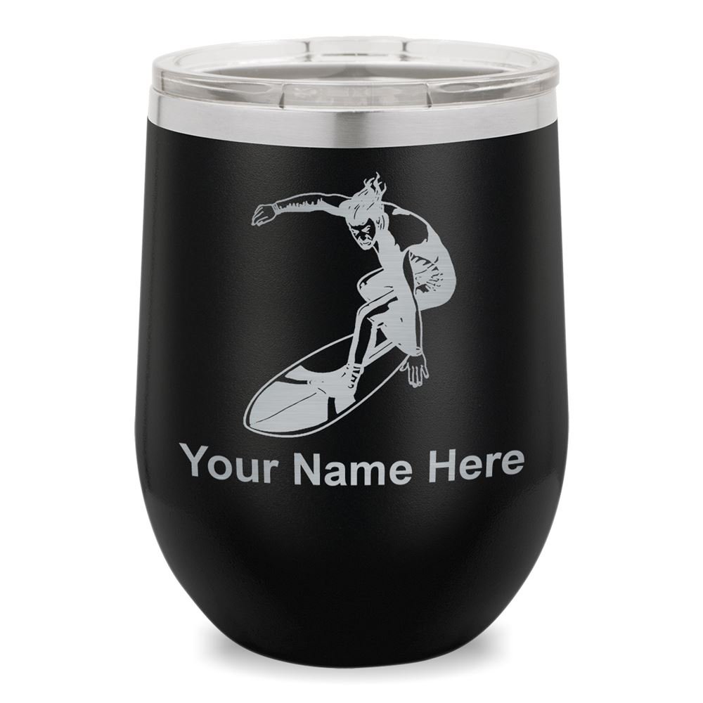 Personalized Engraved Wine Glass Tumbler with Surfer Man Design - Perfect for Beach Parties, Gifts & Home Bar Decor (Black)