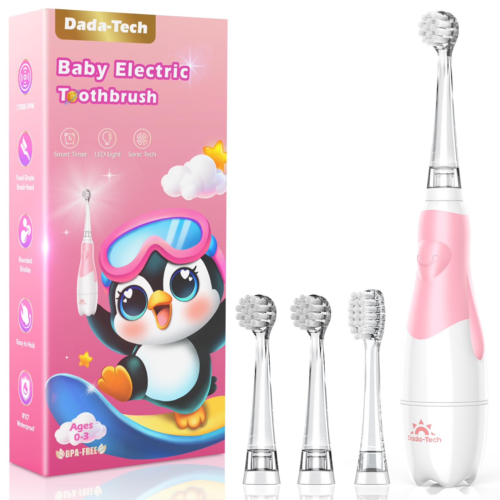 Electric Toothbrush for Kids 1-3 Years Old - Soft Bristles with LED Light & Timer - 4 Replacement Heads - Pink (Ideal for Toddler Dental Care & Baby Teeth Cleaning)