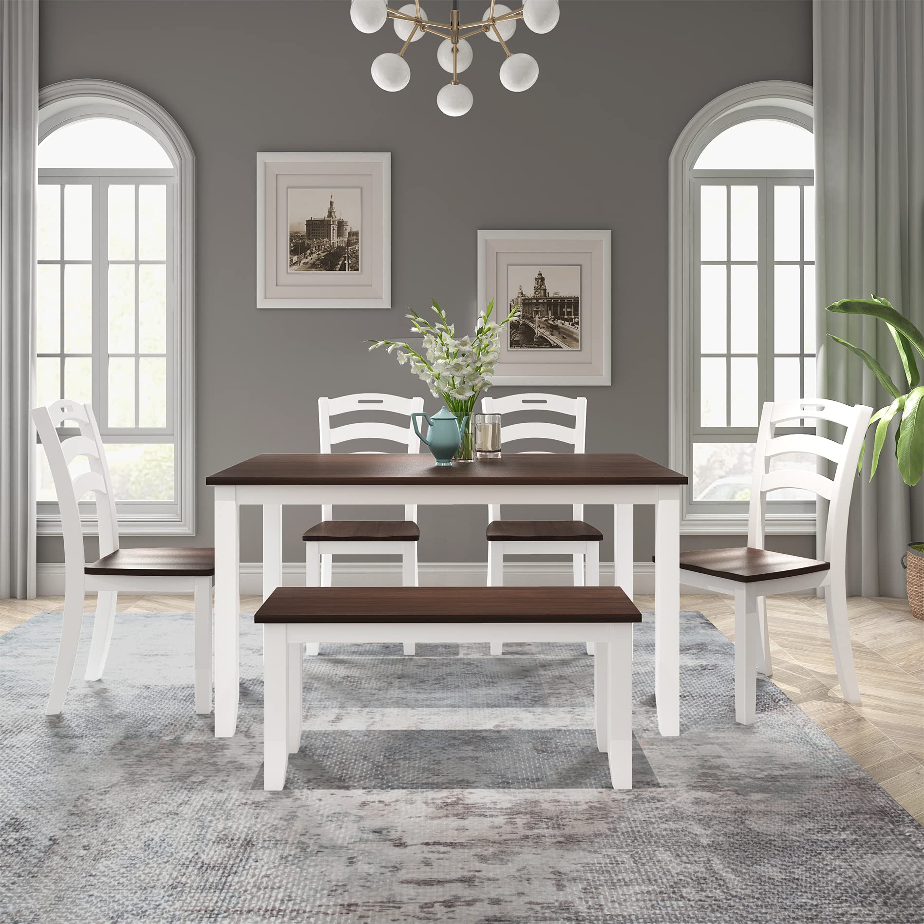 6-Piece Wooden Dining Table Set with Bench & 4 Chairs - Ivory Cherry Finish - Family Kitchen Furniture for 6 People | Perfect for Small Spaces, Breakfast Nooks & Cozy Family Dinners
