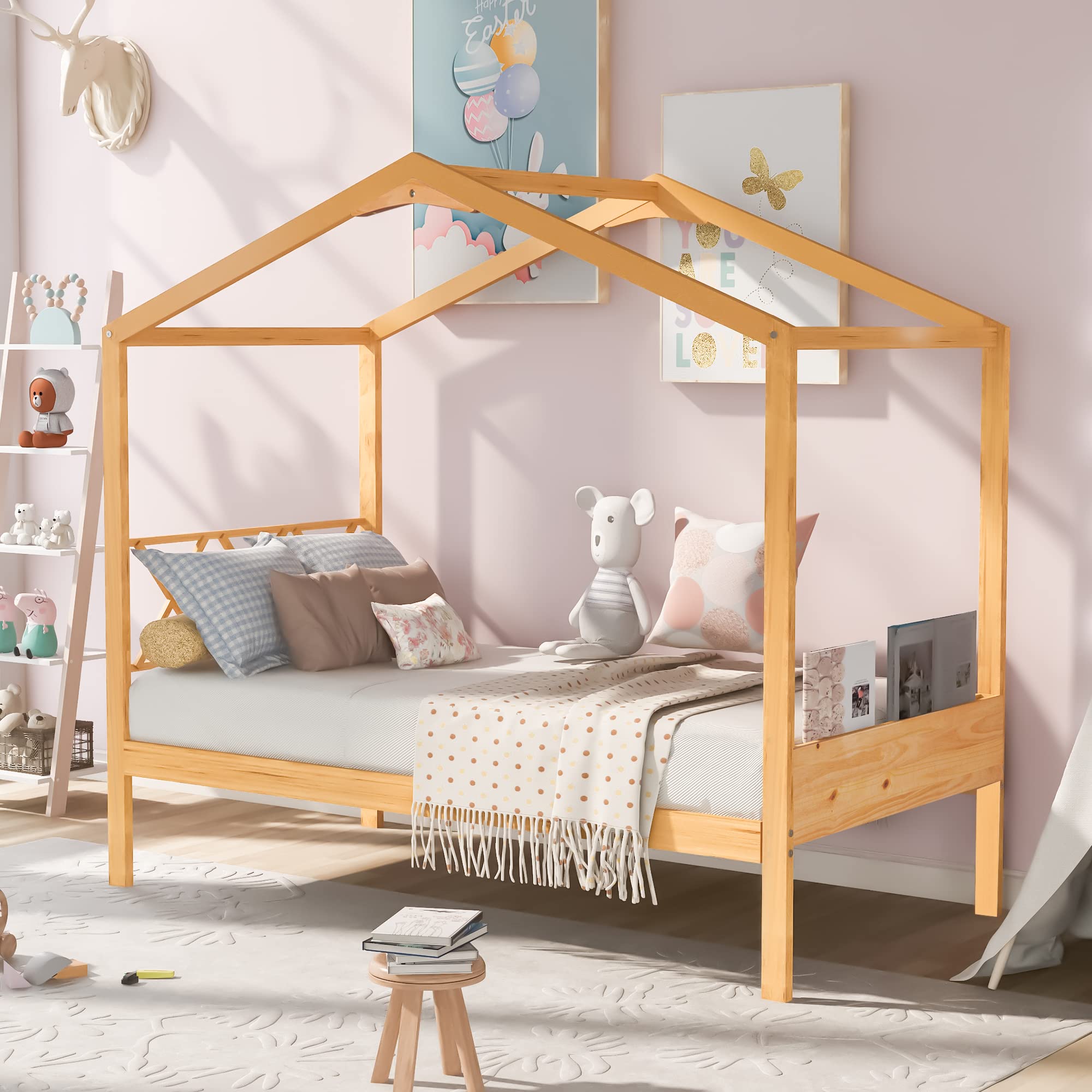 Wooden House Bed for Kids - Twin Size Low Canopy Platform Bed with Farmhouse Headboard & Slat Support, No Box Spring Needed | Perfect for Nursery, Bedroom or Playroom Decor