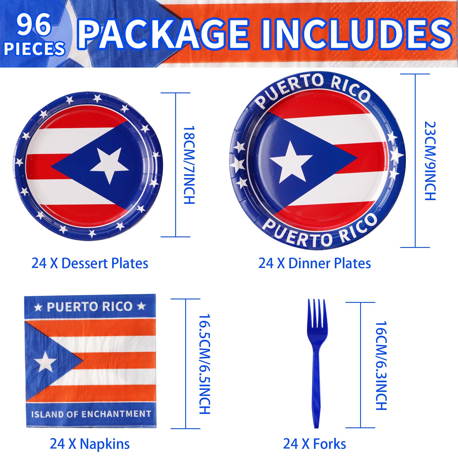 Grencian 96-Piece Puerto Rico Flag Party Supplies Set - Disposable Plates, Cups & Tableware for Birthday Celebrations, Family Gatherings & Friends Parties (Serves 24) - Perfect for Puerto Rican Themed Events, National Holidays & Cultural Festivities