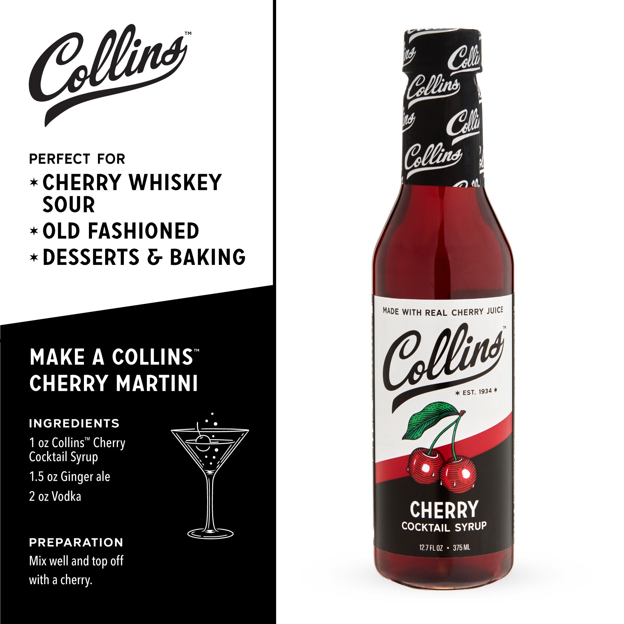 Premium Cherry Cocktail Syrup - 12.7 oz Bottle for Cocktails, Mocktails & Desserts | Sweet Cherry Flavor for Drinks, Baking & Ice Cream Topping