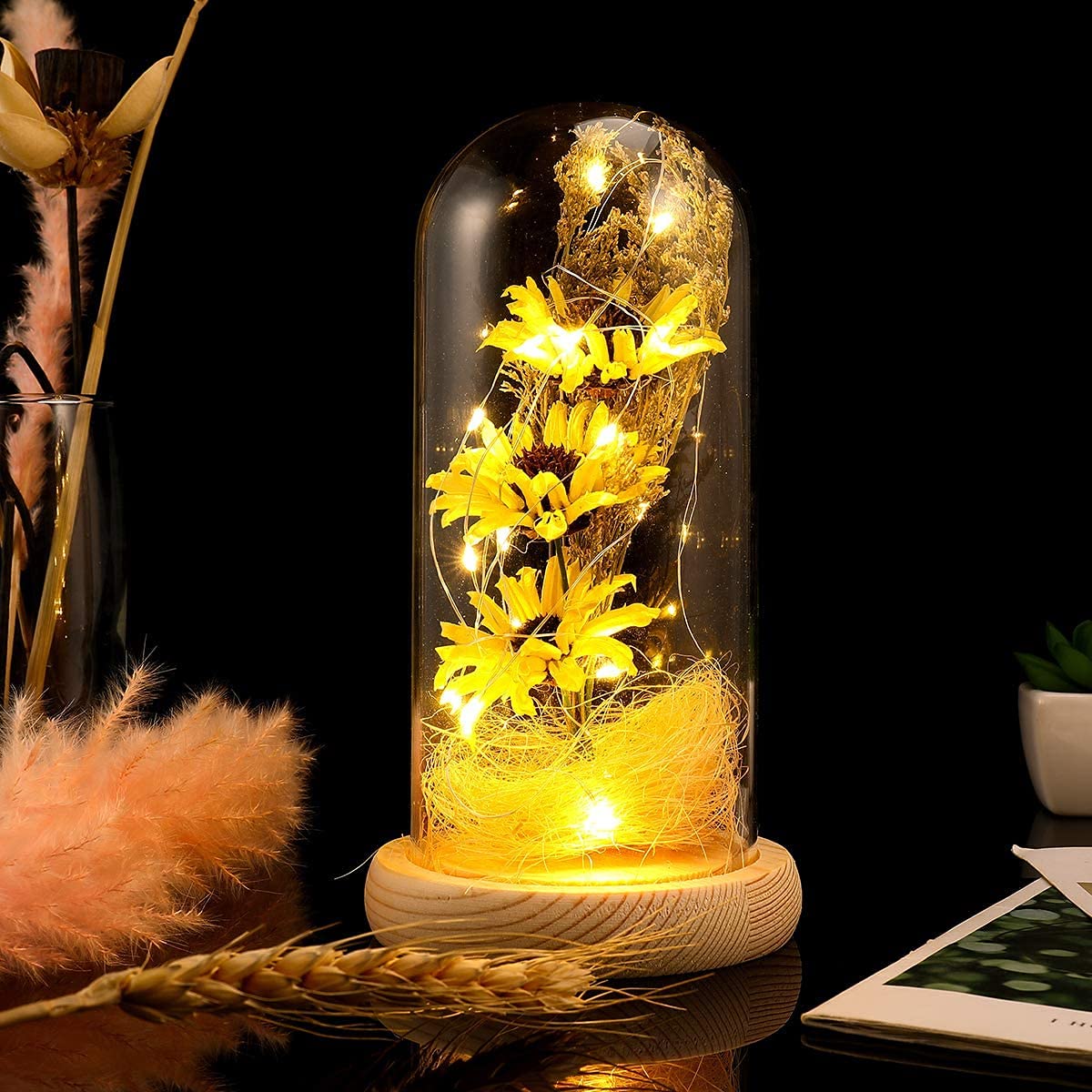 Artificial Sunflower in Glass Dome - Yellow LED Light Decoration for Home, Office, Wedding & Party | Unique Gift for Women, Christmas, Valentine's Day, Mother's Day, Anniversary & Birthday | Romantic Home Decor & Table Centerpiece