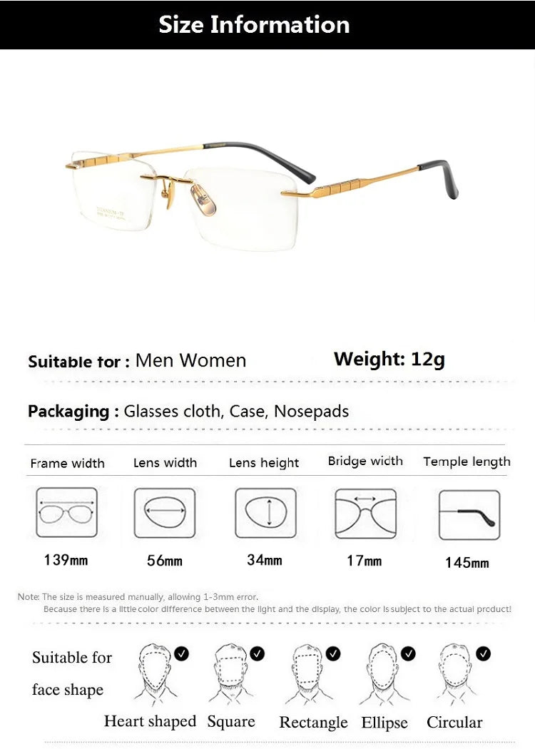 Unisex Rimless Square Titanium Eyeglasses 91092 - Lightweight Durable Frame for Work, Reading & Fashion