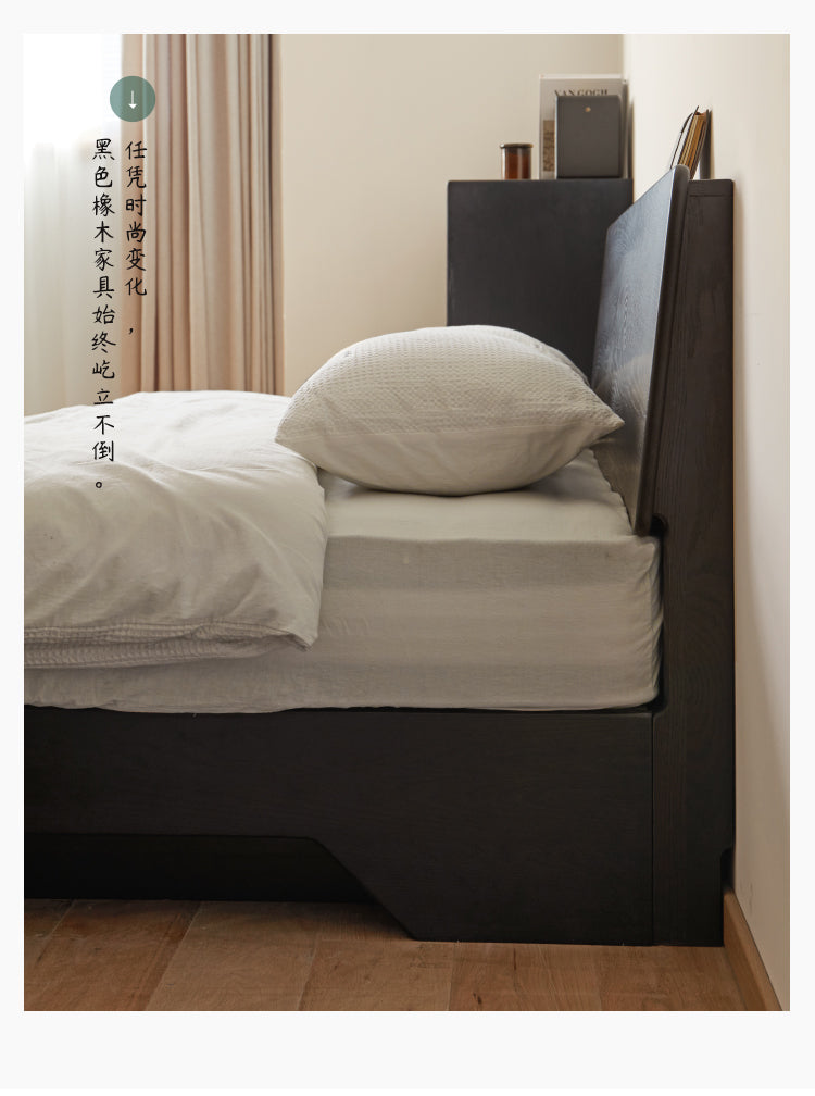 Solid Oak Wood Floating Platform Bed with LED Lights - Modern Smoky Finish for Bedroom, Guest Room, or Studio Apartment