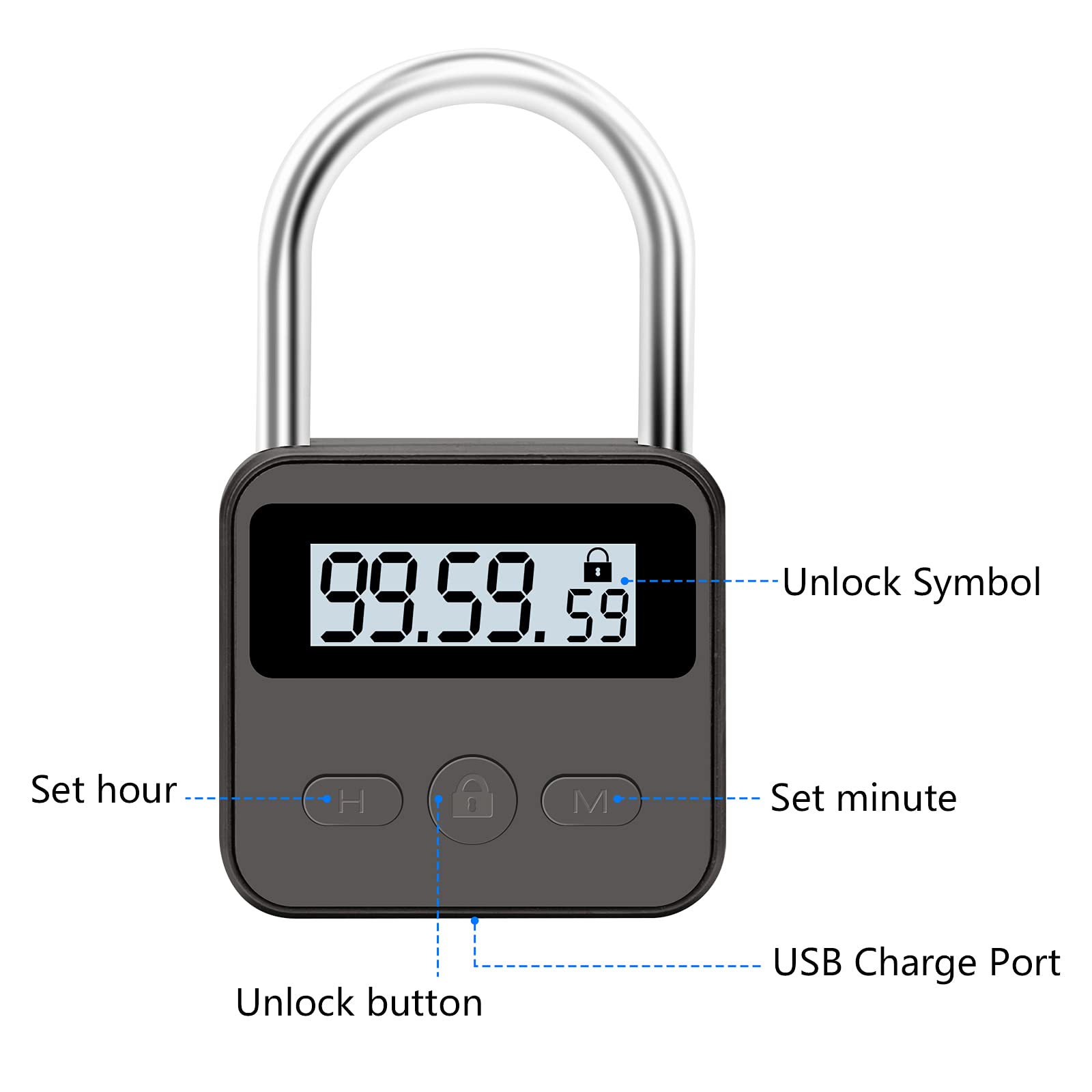 Upgraded Smart Timer Alloy Lock - 100 Hours Max Rechargeable LCD Display Padlock (Black) | Ideal for Gym Lockers, Storage Units & Travel Luggage Security