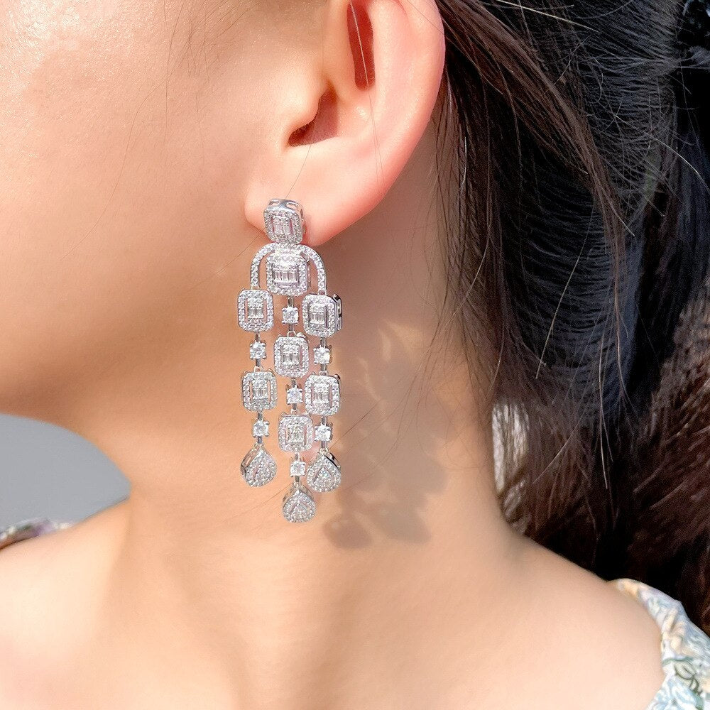 Sparkling Clear Tassel Cubic Zirconia CZ Square Dangle Earrings for Women - Elegant Wedding Jewelry & Dinner Party Accessories - Perfect for Bridal, Prom, and Special Occasions