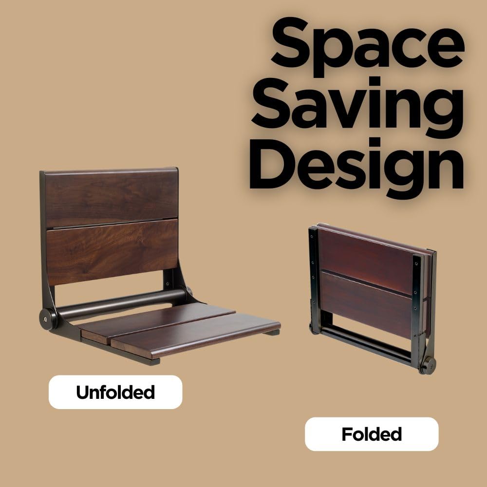 Folding Shower Seat with Back - ADA Compliant Wall Mount Bathroom Bench for Seniors & Disabled, 500 lb Weight Capacity, Walnut Finish, 304 Stainless Steel, Oil Rubbed Bronze, 26x16 Inches - Perfect for Elderly Safety, Accessible Bathing & Spa Relaxation