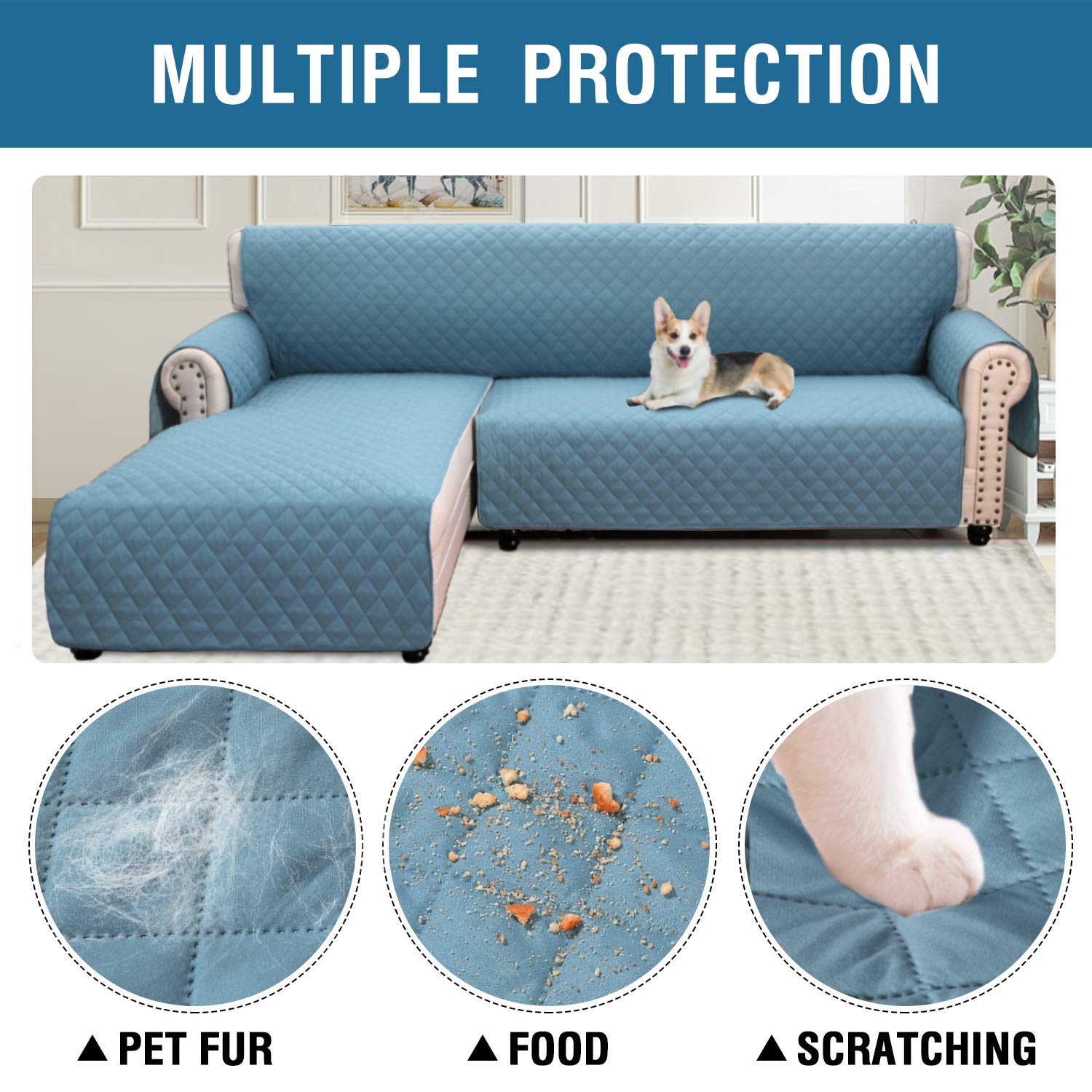 Waterproof Reversible L-Shaped Sofa Slipcover - Double-Sided Sectional Couch Cover with Chaise Lounge Protector for Pets & Kids (Blue, Large) | Perfect for Living Room, Family Room & Pet-Friendly Homes