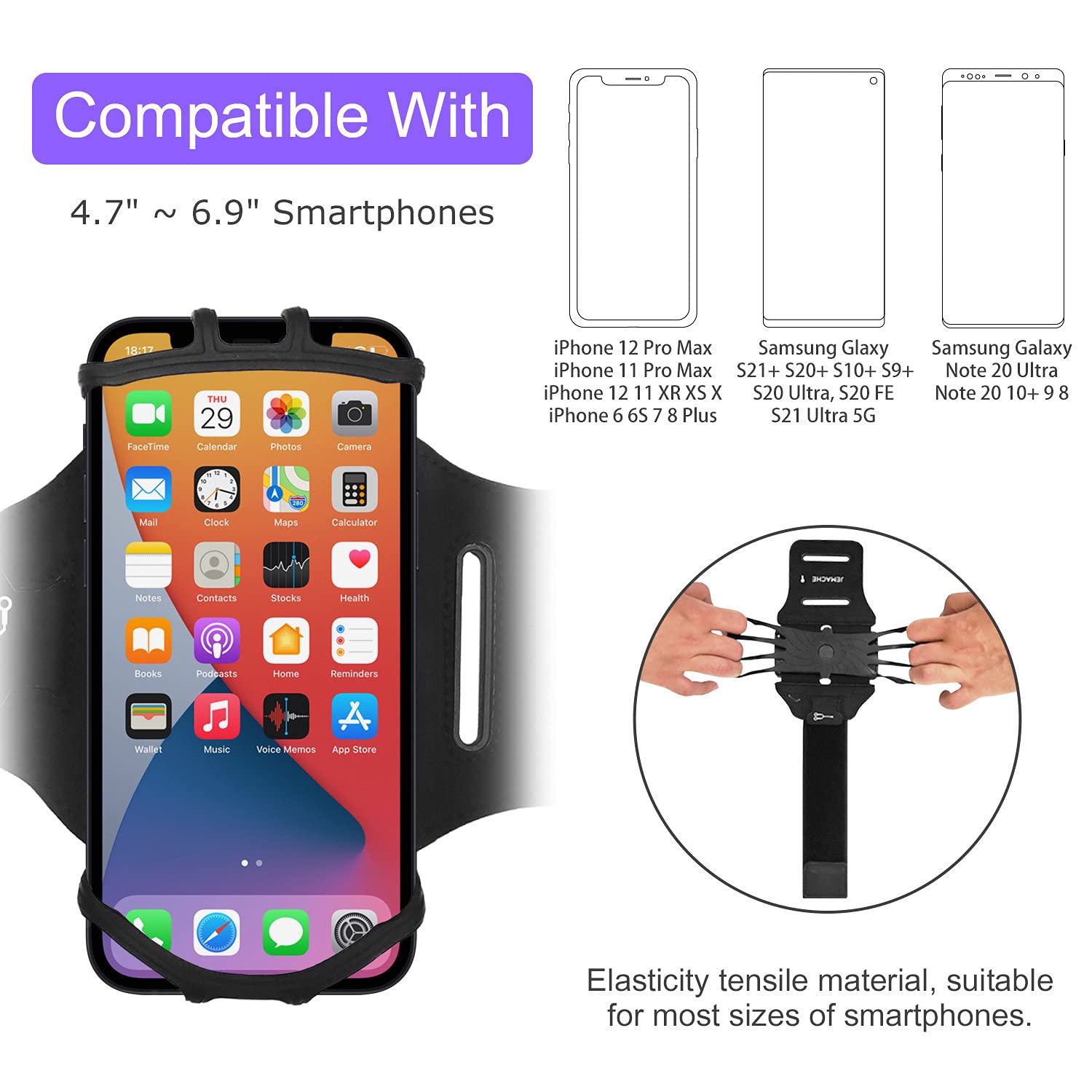 JEMACHE Running Armband for iPhone 16 Pro Max & 15/14/13/12/11 Pro, iPhone 16/15 Plus, Samsung Galaxy S24/S23/S22/S21 Ultra/Plus - Adjustable Phone Holder for Workouts, Jogging & Fitness (Black)