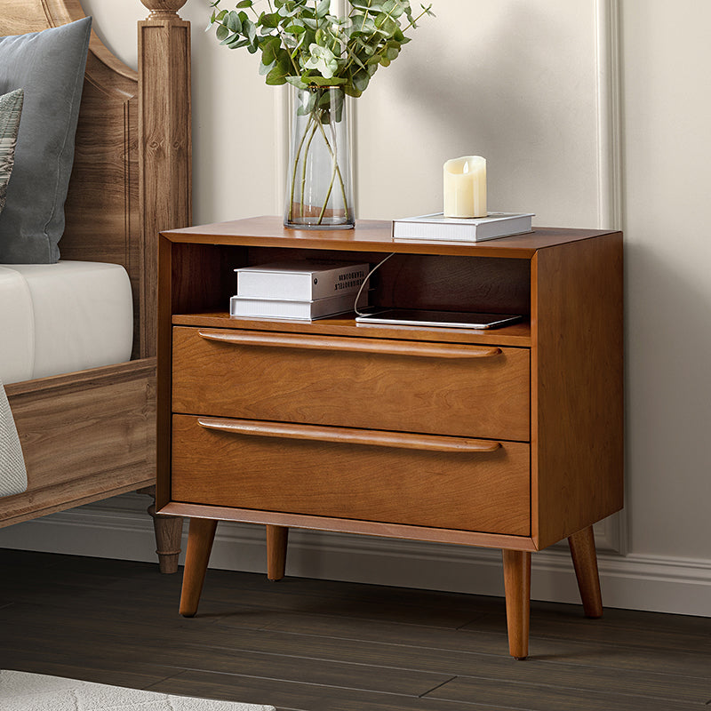 Mid Century Modern Nightstand with 2 Drawers & Built-in USB Outlets - Stylish Bedside Table for Bedroom, Living Room, or Office