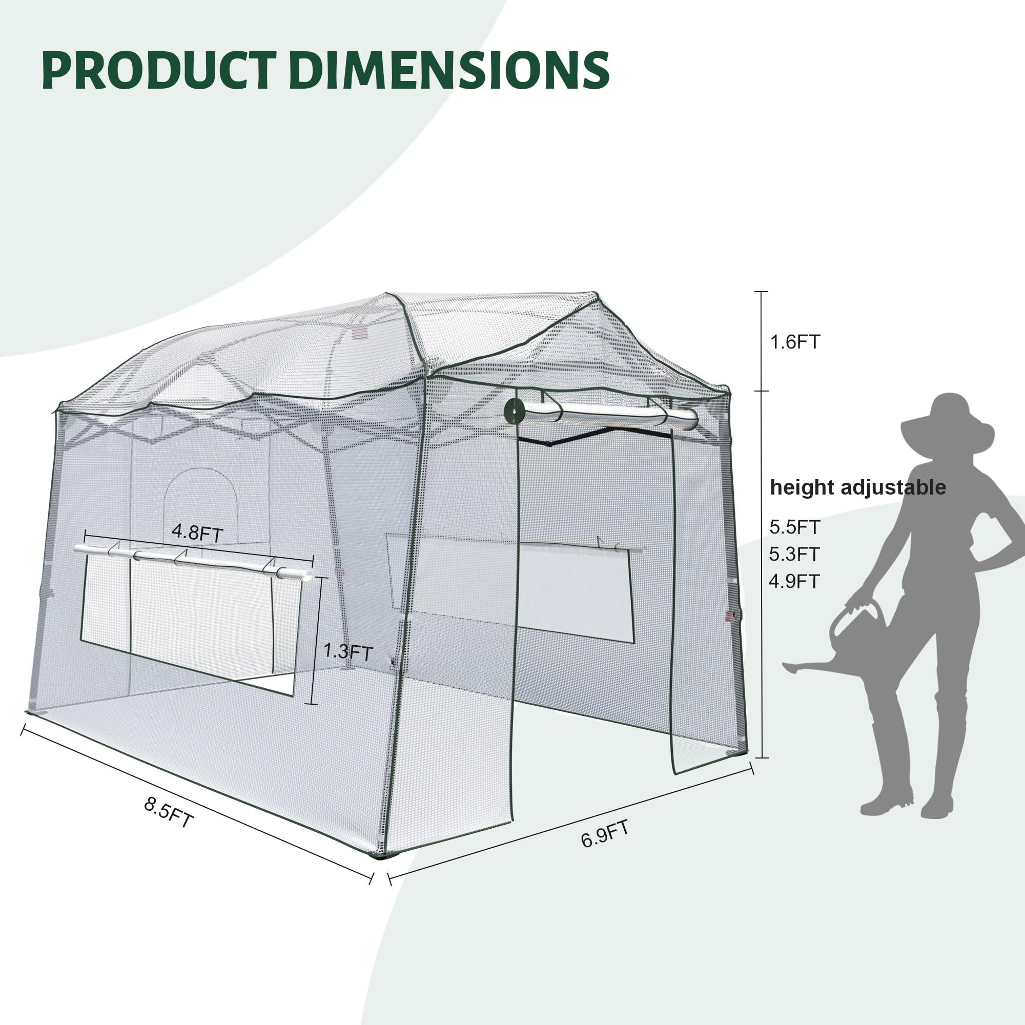 8.5 x 7 FT Walk-in Greenhouse for Plants | Portable Pop-up Garden Canopy with Adjustable Height & Durable PE Cover | Indoor Outdoor Use for Gardening, Seed Starting, Plant Protection (Clear/White)
