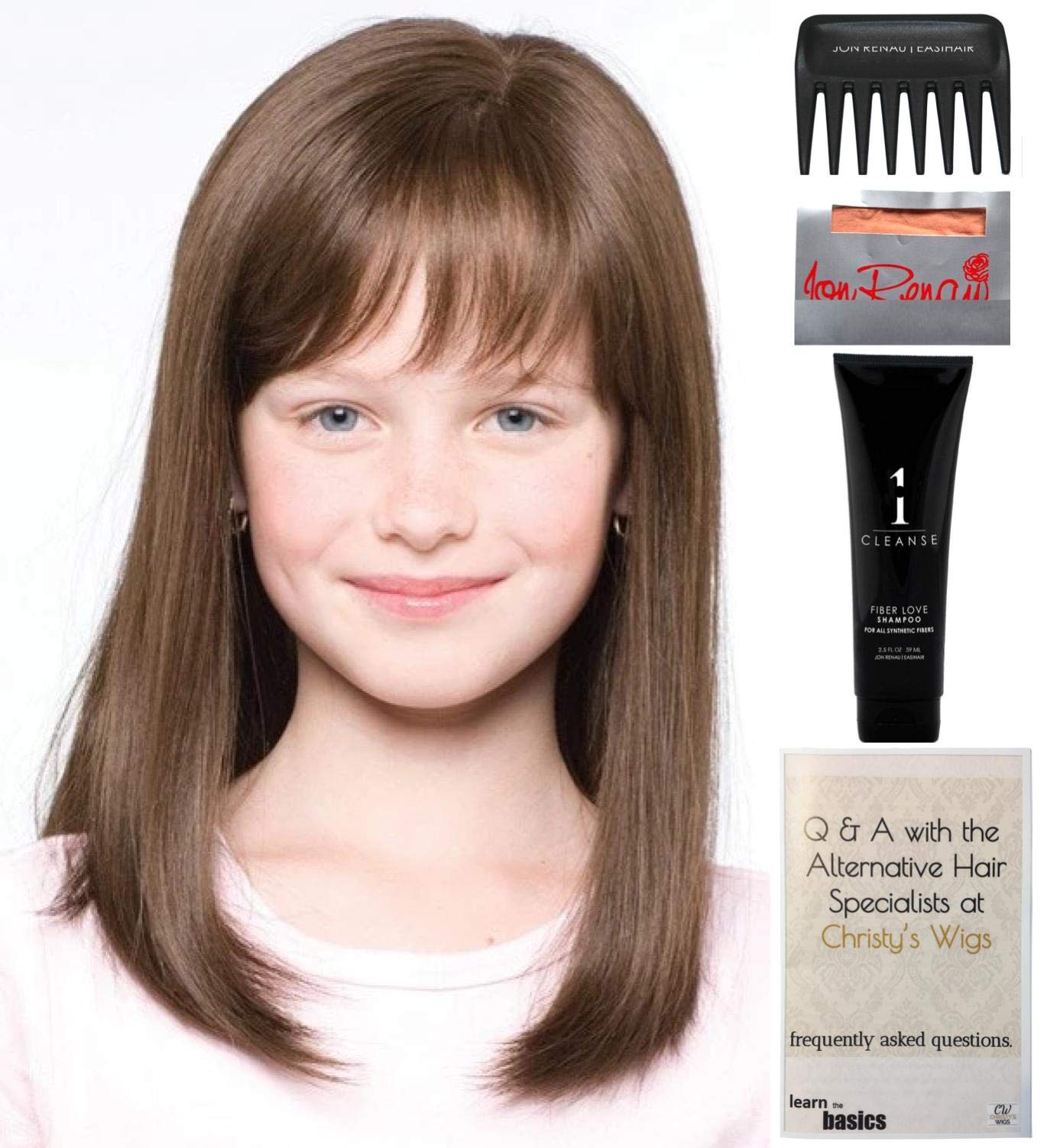 Amore Miley Wig Bundle - 5pc Set (Medium Brown Synthetic Wig + Christy's Wigs Q&A Booklet + 2oz Travel Wig Shampoo + Wig Cap + Wide Tooth Comb) for Cosplay, Costume Parties & Everyday Wear