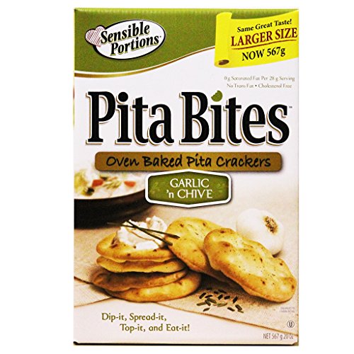 Sensible Portion Pita Bites, 567g - Garlic & Chive Flavored Baked Pita Chips, Healthy Lunch Snacks, Non-GMO Crackers (Imported from Canada) | Perfect for Office Snacking, School Lunches & Party Appetizers