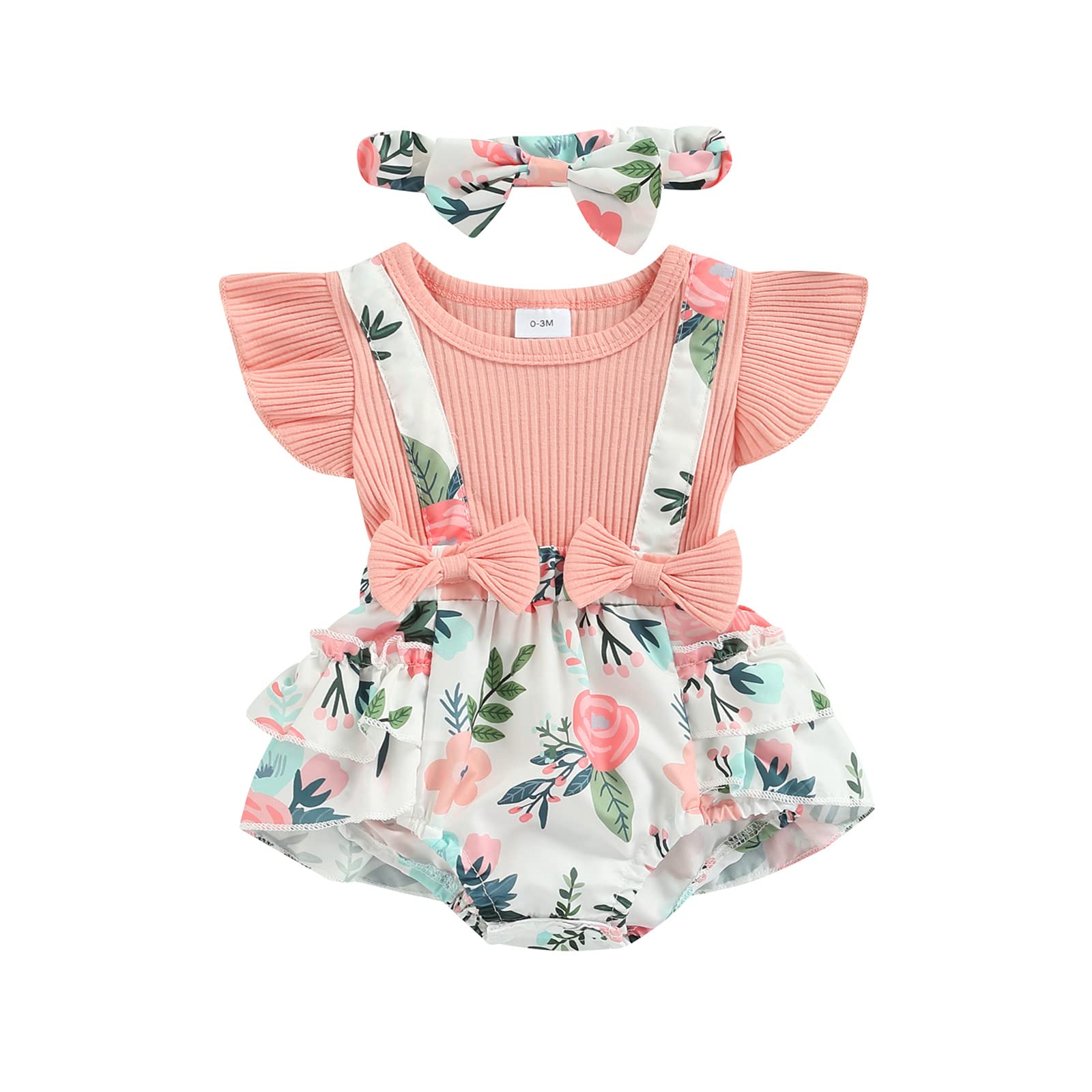 Newborn Baby Girl Floral Romper Dress with Ruffle Sleeves & Headband - Soft Cotton Onesie Outfit for Spring Summer Photos, Parties & Daily Wear