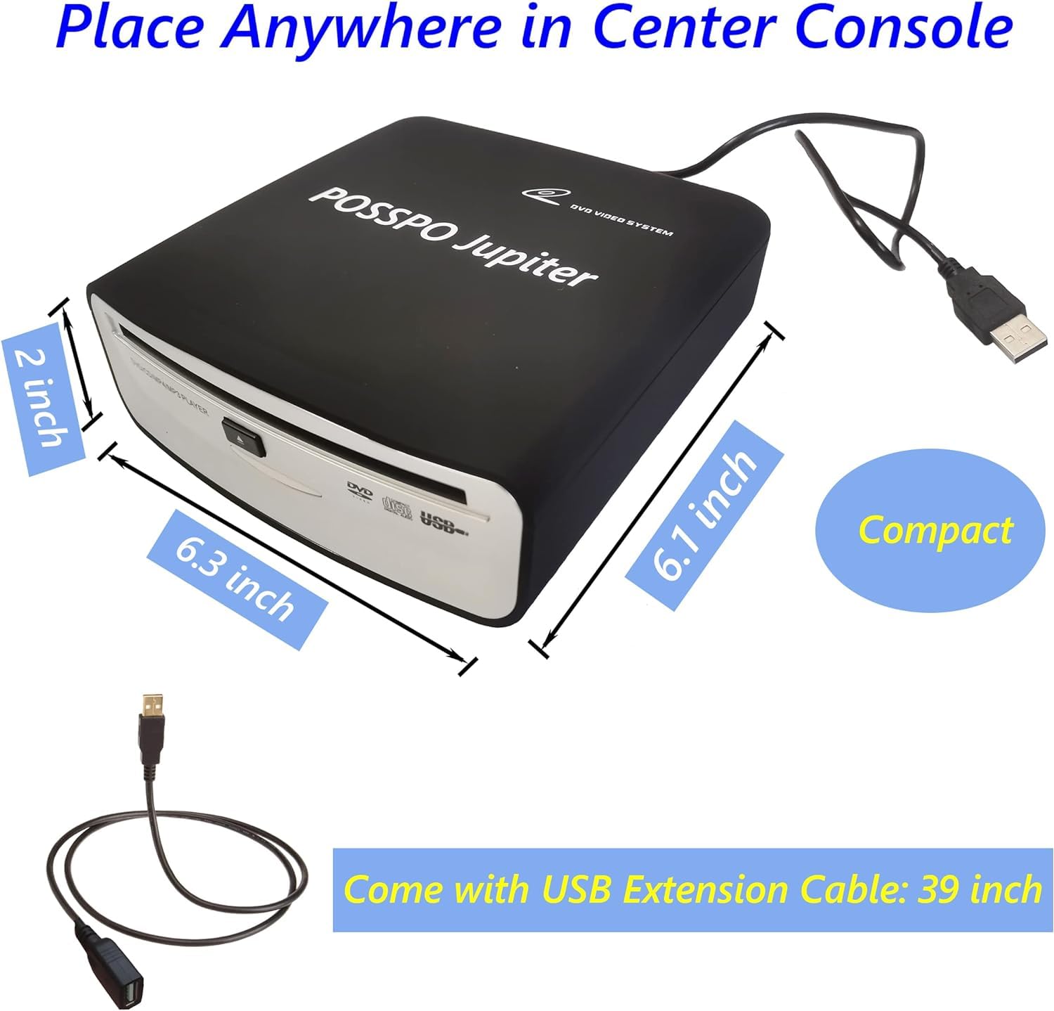 Portable CD DVD Player for Car with USB & AUX Port - External Disc Drive Compatible with Laptop, Desktop, TV & Computer - Plug & Play with Extra USB Extension Cable - Perfect for Road Trips, Home Entertainment & Office Use