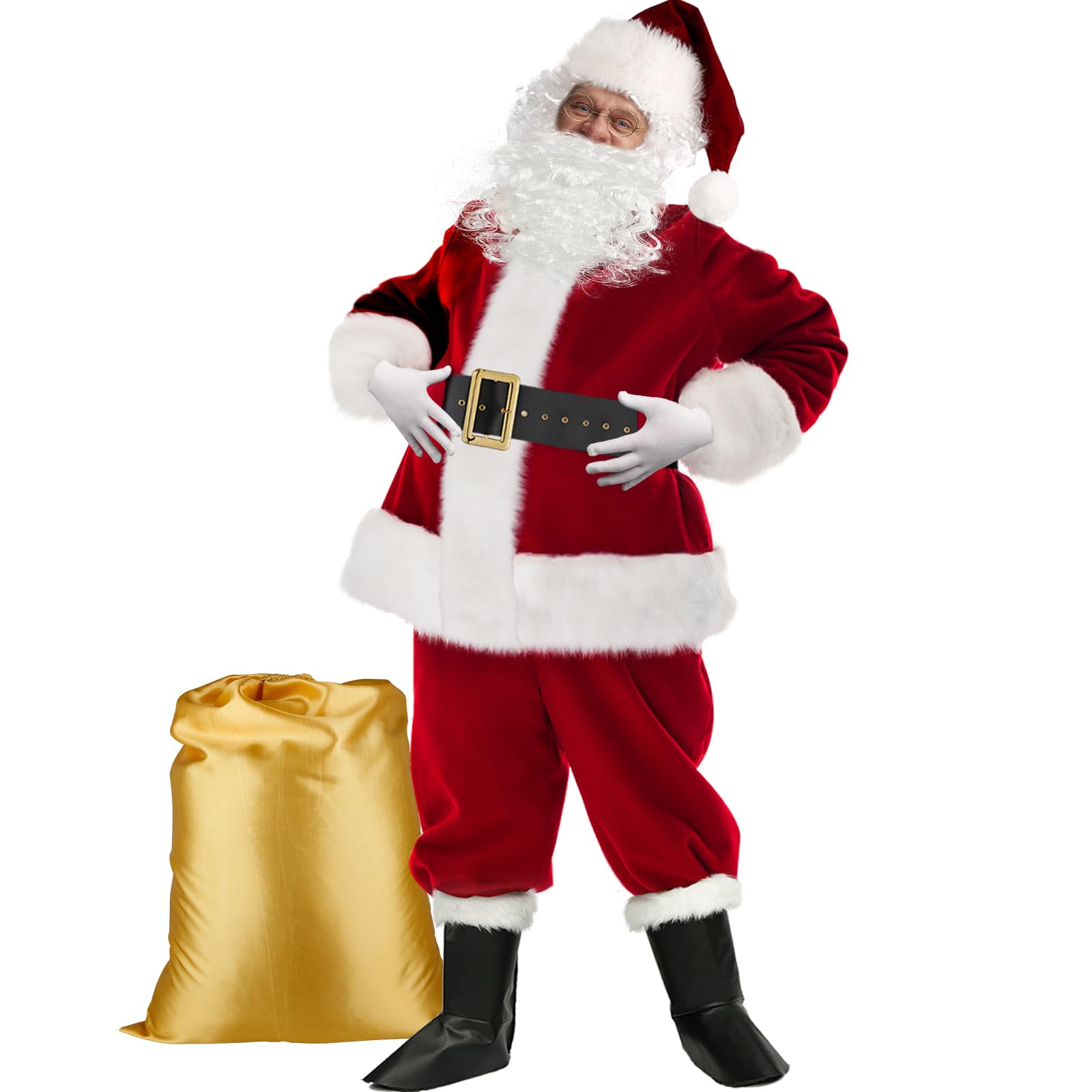 Men's Santa Claus Costume 9 Piece Set - Adult Christmas Santa Suit Outfit with Hat, Belt & Boot Covers for Holiday Parties & Festive Events