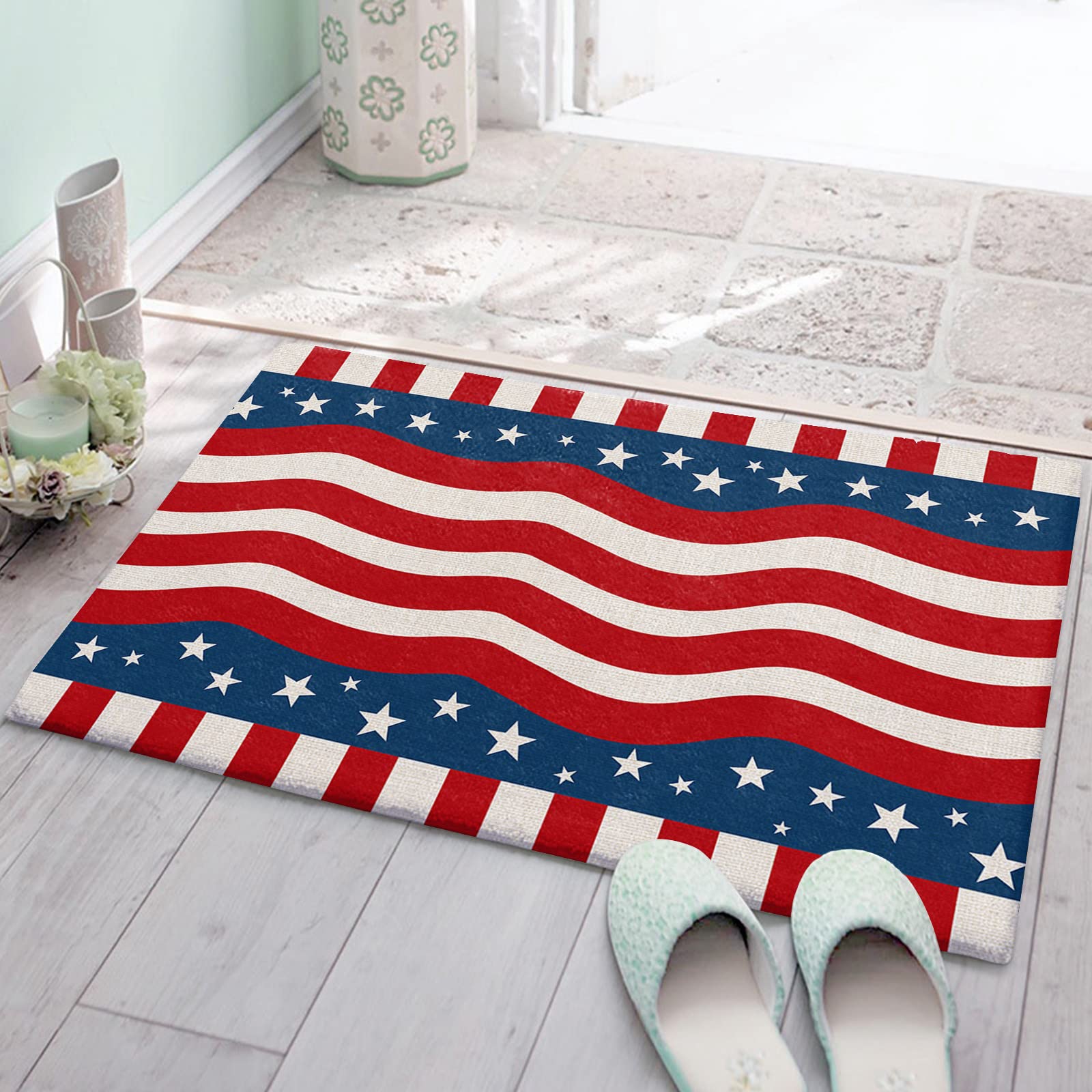 Super Soft Fluffy Shag Bath Rugs - Non-Slip Plush Bathroom Doormat with Vintage Stars & Stripes Design, Absorbent Indoor Carpet for Bathroom, Bedroom, Living Room & Front Door - Perfect for Farmhouse, Burlap & Independence Day Decor