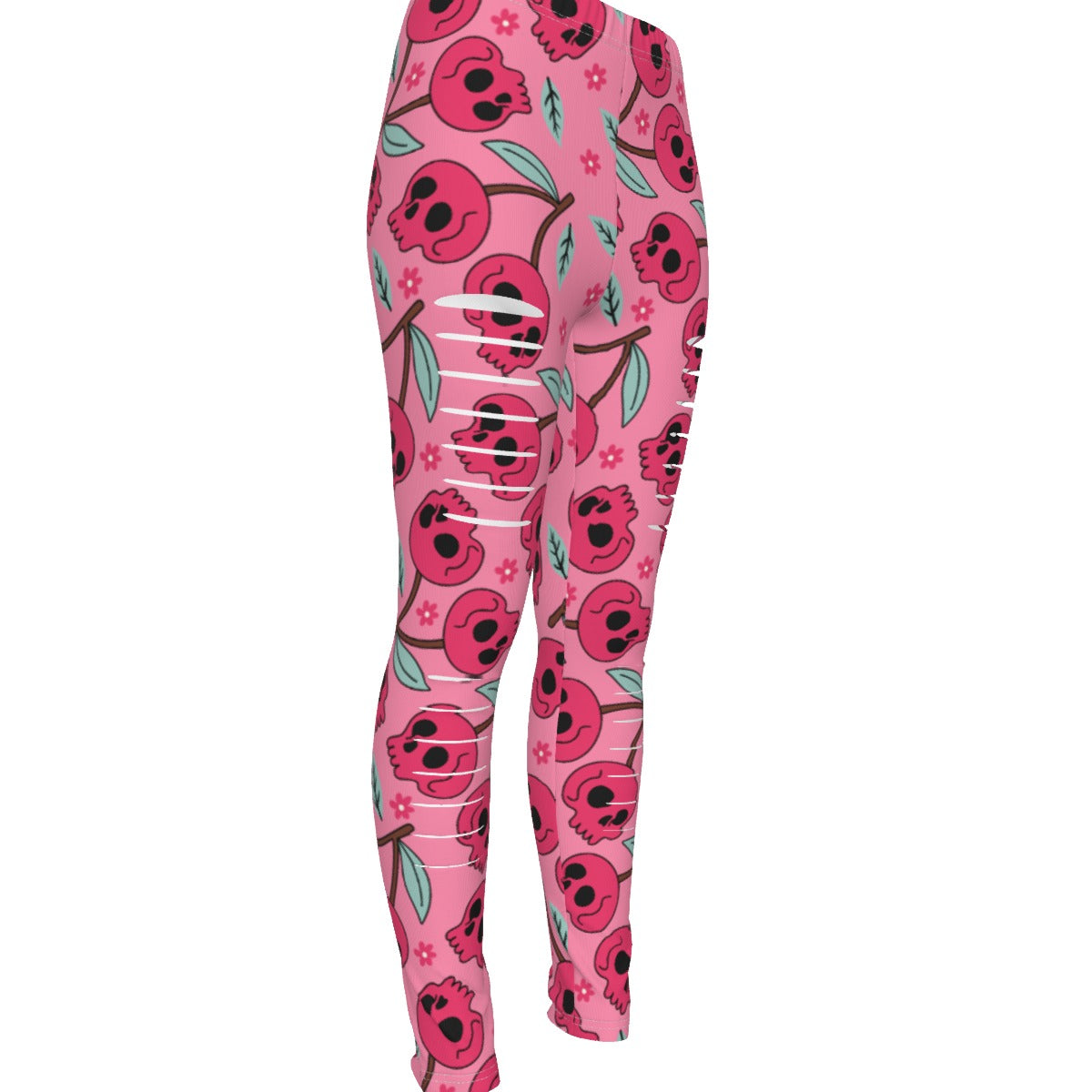 Pink Cherry Skulls Ripped Leggings for Women - Gothic Streetwear Fashion Yoga Pants - Perfect for Halloween, Concerts & Gym Workouts