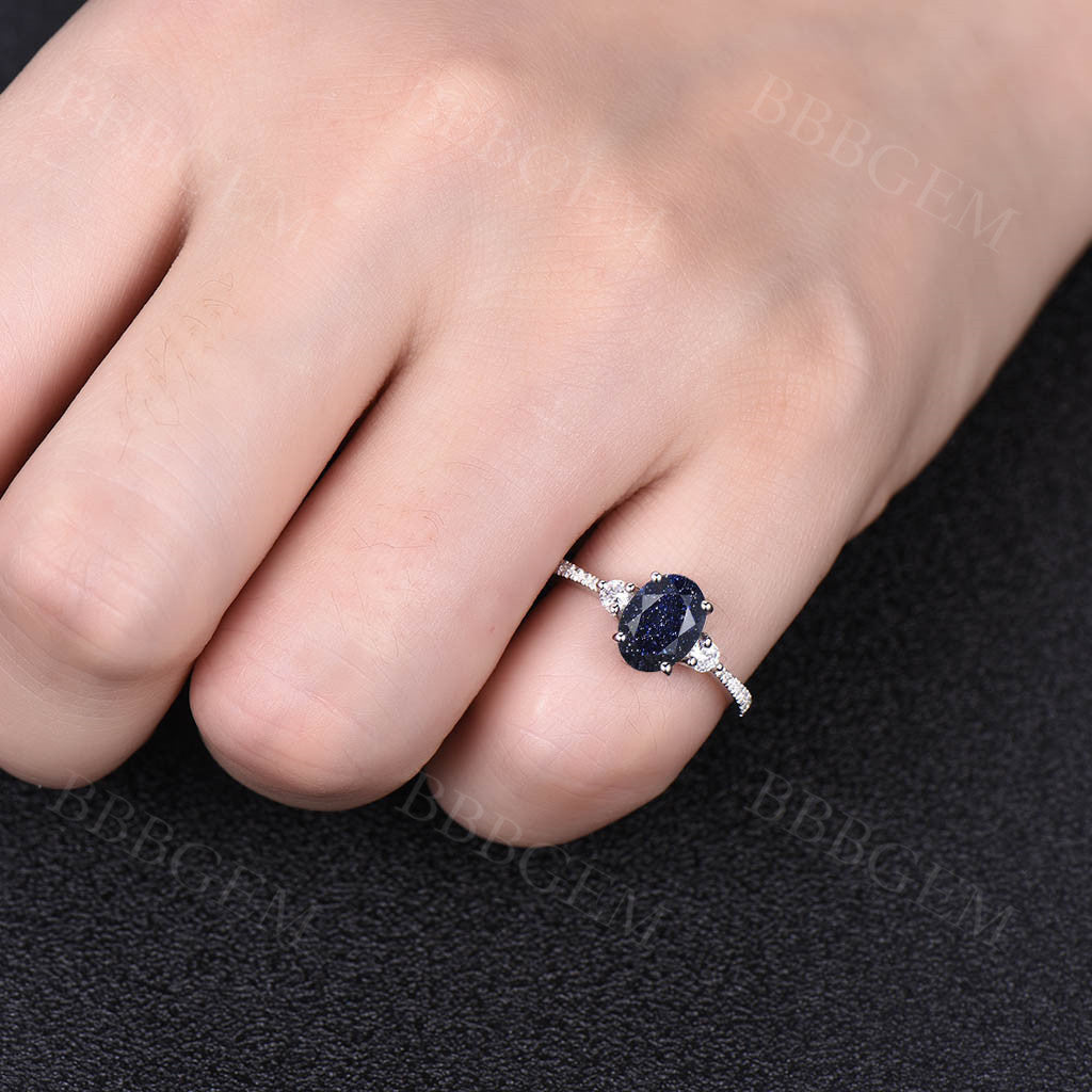 5x7mm Oval Cut Blue Sandstone Three Stone Engagement Ring - Half Eternity Diamond Wedding Band for Women - Perfect for Proposals, Anniversaries & Romantic Occasions