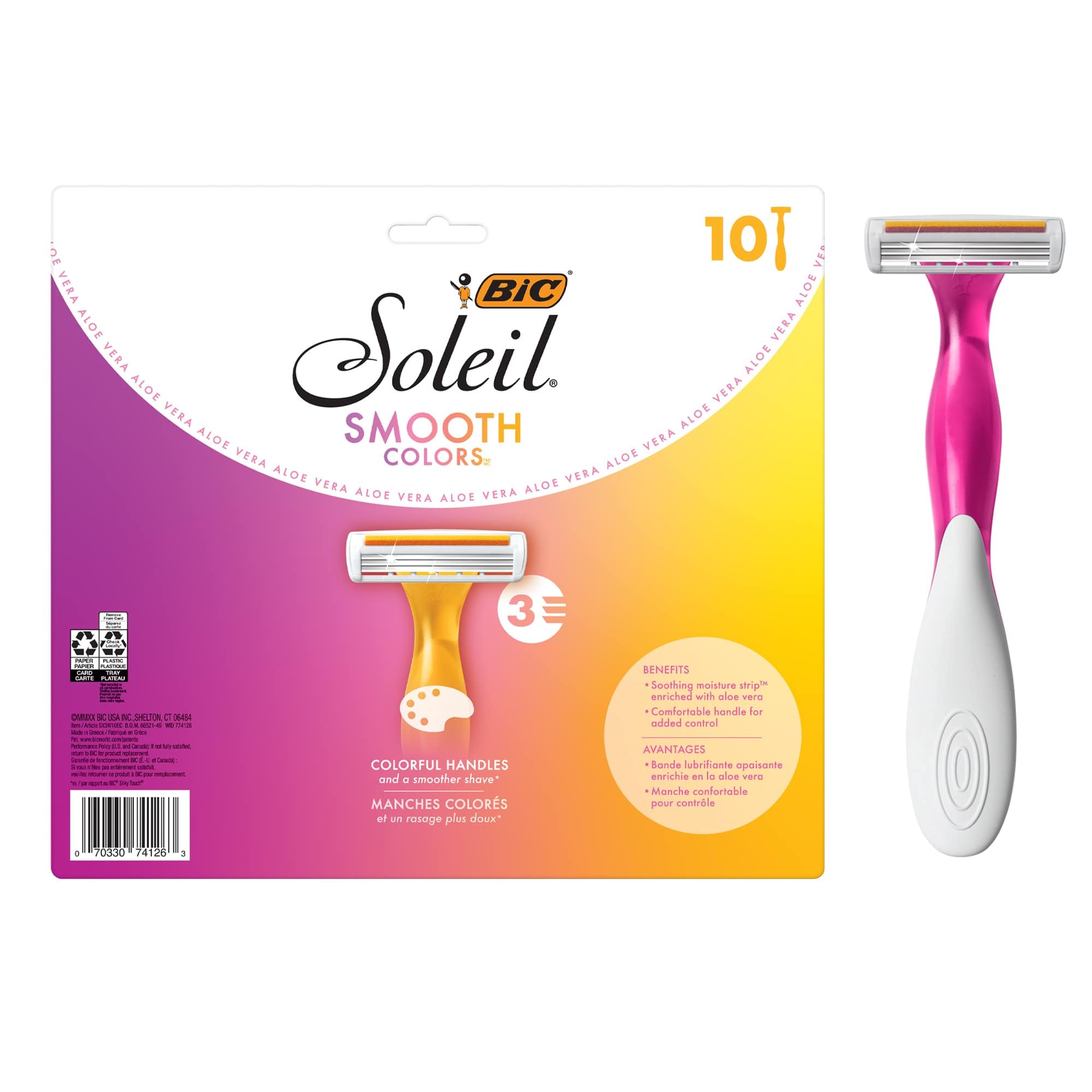 BIC Soleil Smooth Colors Women's Disposable Razors - 3 Blades with Aloe Vera & Vitamin E Lubricating Strip - 14 Count or 10 Count Pack - Perfect for Travel, Gym & Smooth Shaving at Home