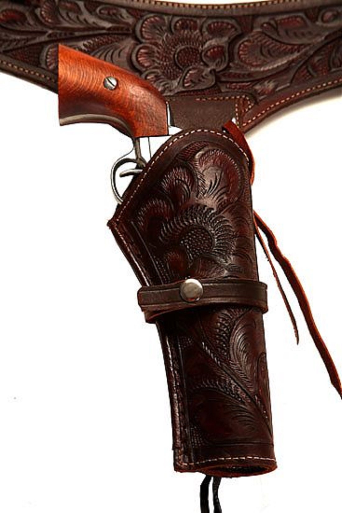 44/45 Caliber Brown Long Barrel Cowboy Western Style Gun Holster and Belt Set - Size 44 - Perfect for Cowboy Action Shooting, Reenactments, and Western Themed Events
