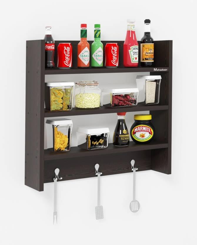 VOLDMART Wooden Kitchen Storage Rack - 3-Tier Organizer Shelf for Spices, Utensils & Cookware - Space Saving Kitchen Storage Solution for Pantry, Countertop or Cabinet