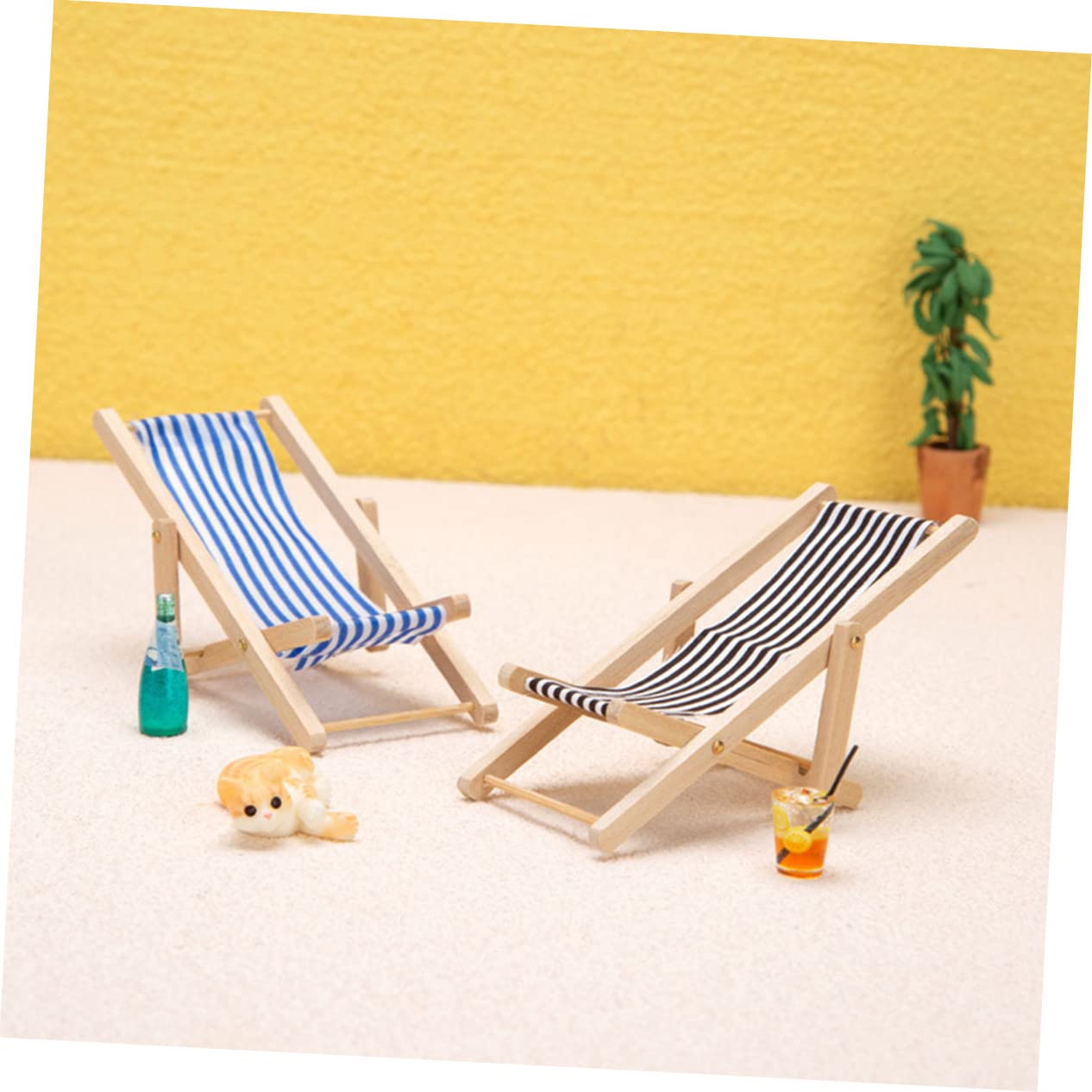 6-Piece Miniature Beach Chair Set - Dollhouse Sunbath Chairs, Fairy Garden Deck Chairs & Seaside Landscape Decor - Perfect for DIY Beach Layouts, Fairy Gardens, and Miniature Scenes - Foldable Wooden Furniture for Dolls and Miniatures