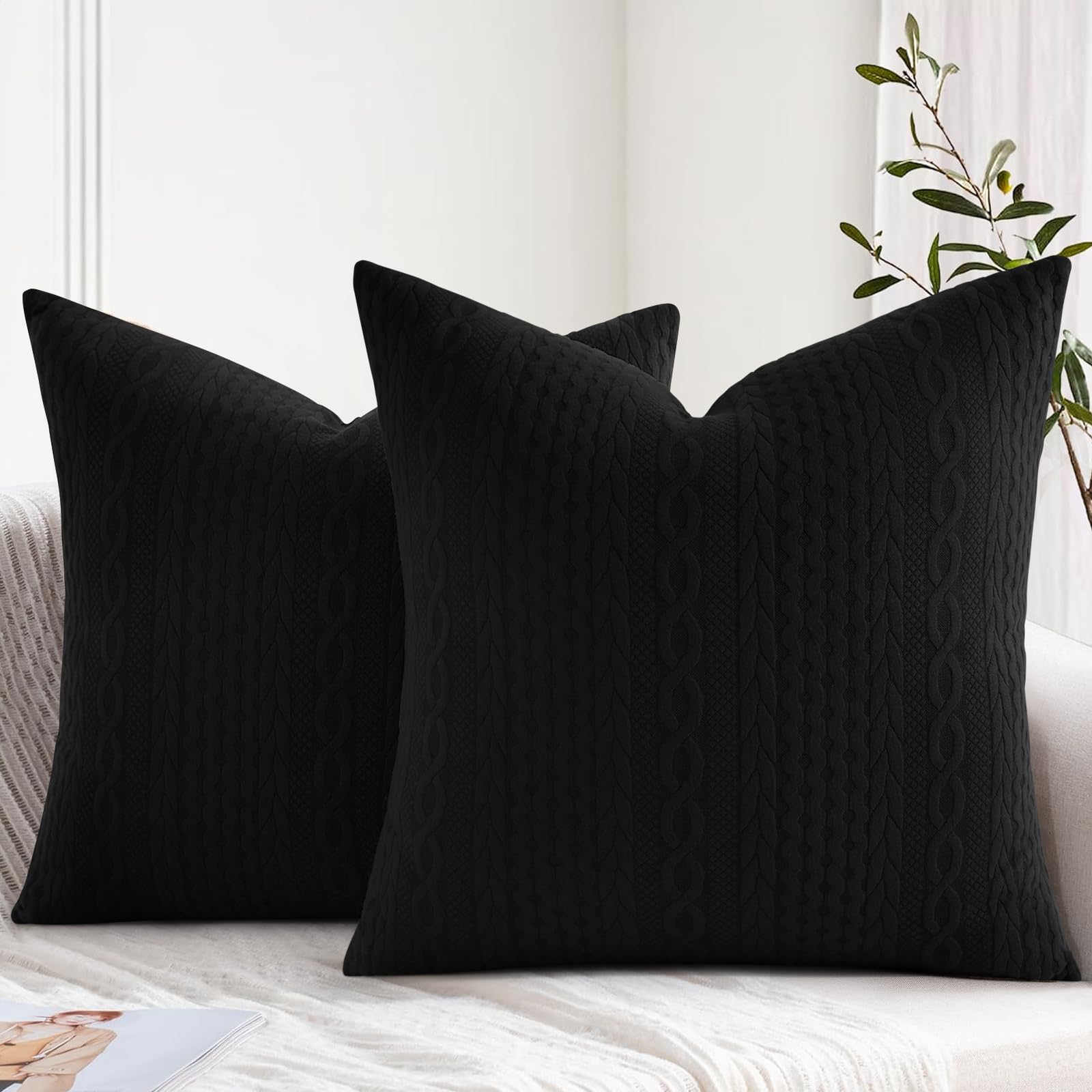 Cikary 26x26 Inch Decorative Throw Pillow Covers Set of 2 - Soft Stretchy Embossed Couch Pillow Covers with Raised Twisted Rope Pattern for Sofa, Bed, Living Room - Black Home Decor Accent Pillows
