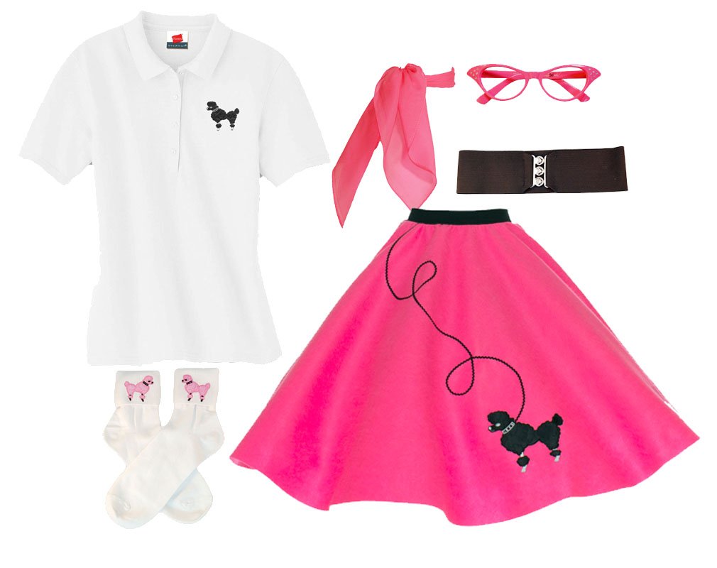 Vintage 1950s Poodle Skirt Costume Set for Women - 6 Piece Hip Hop Dance Outfit for Halloween, Sock Hop Parties & Retro Themed Events
