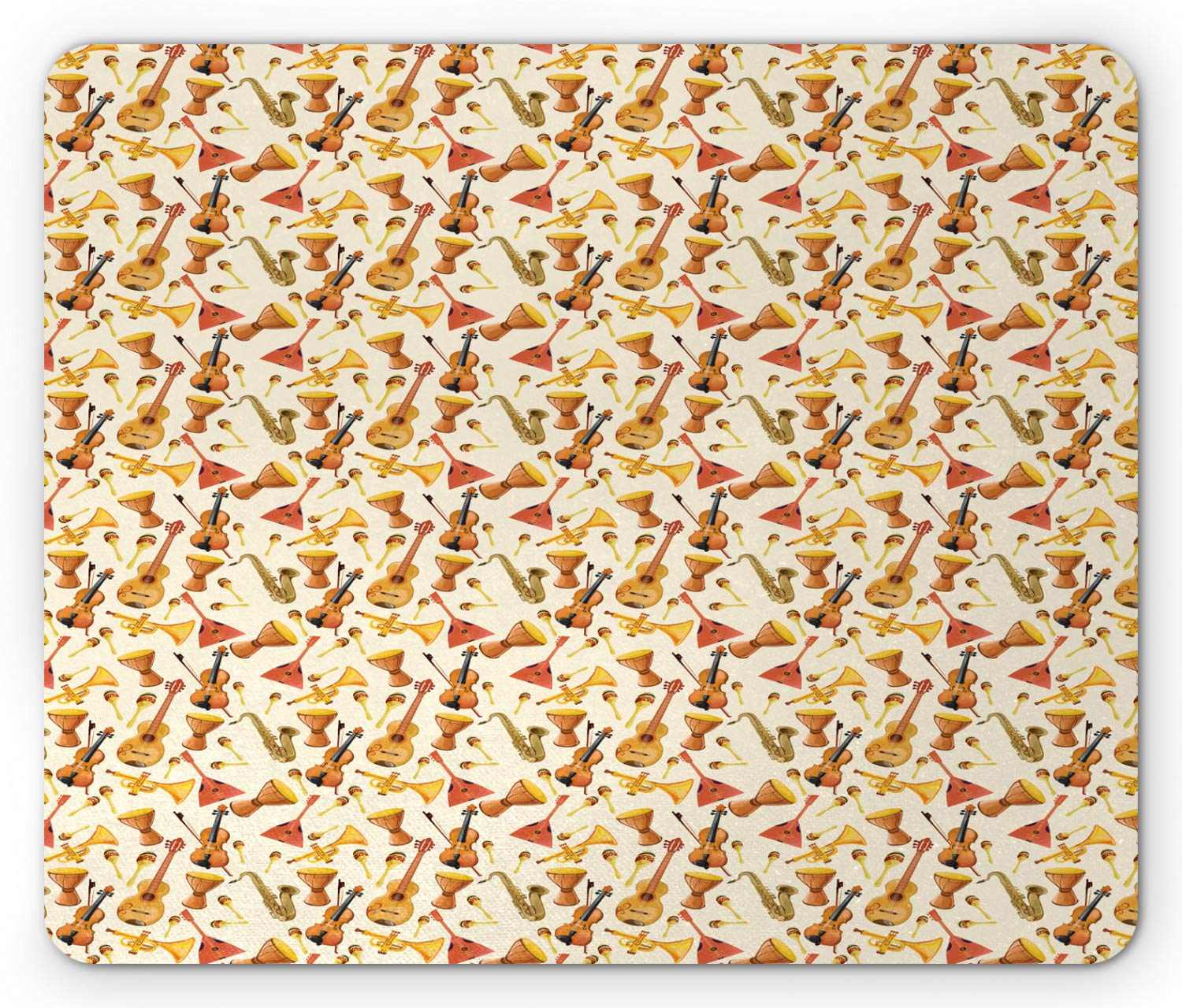 Ambesonne Jazz Music Mouse Pad - Non-Slip Rubber Mousepad with Horn Drum Guitar & Fiddle Design, Standard Size Rectangle Desk Mat for Office, Gaming & Computer Workstations - Multicolor Folk Music Instrument Pattern
