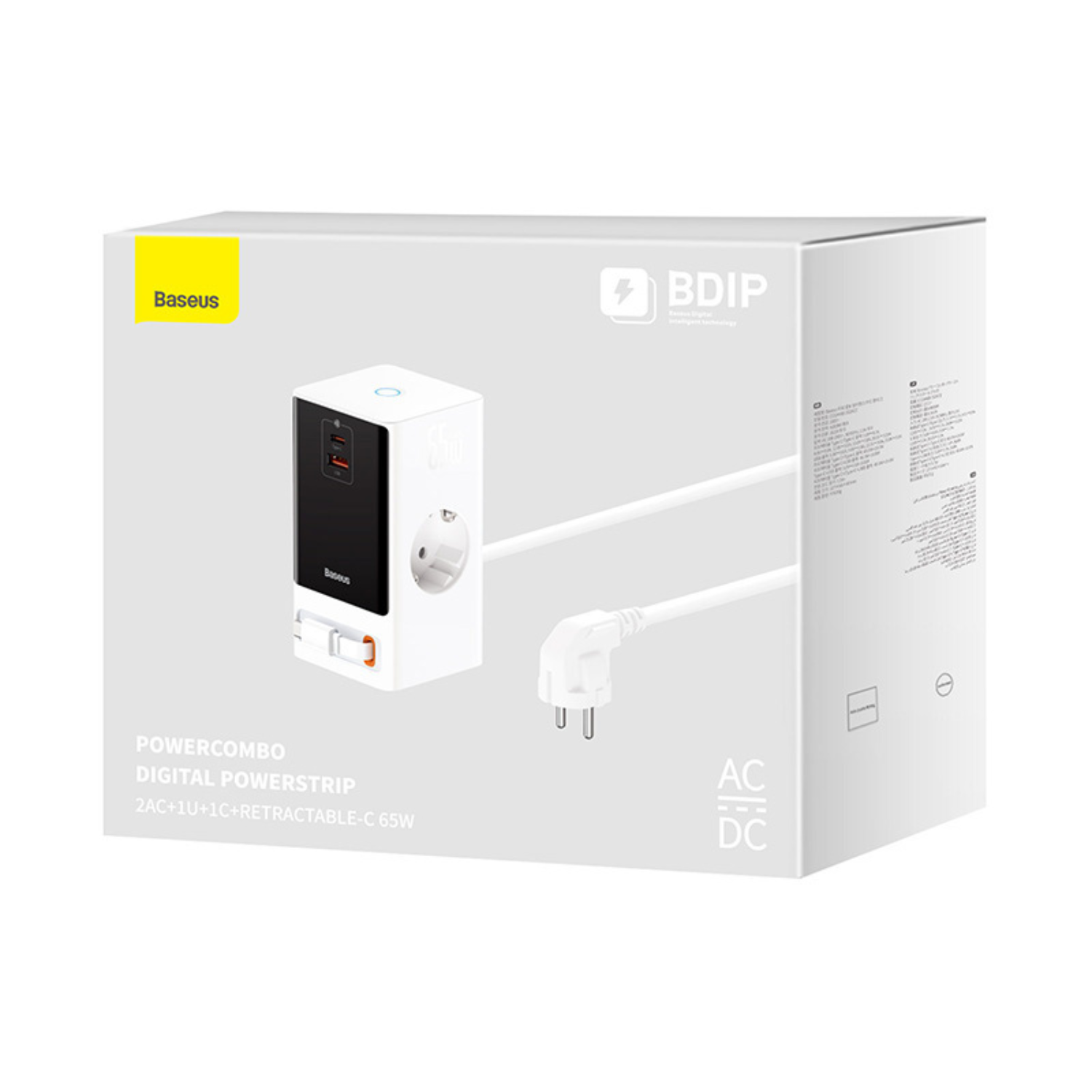 Baseus PowerCombo 65W Digital Power Strip with AC Outlet, USB-C & USB-A Ports - White | Fast Charging for Laptop, Phone, Tablet | Perfect for Home, Office & Travel