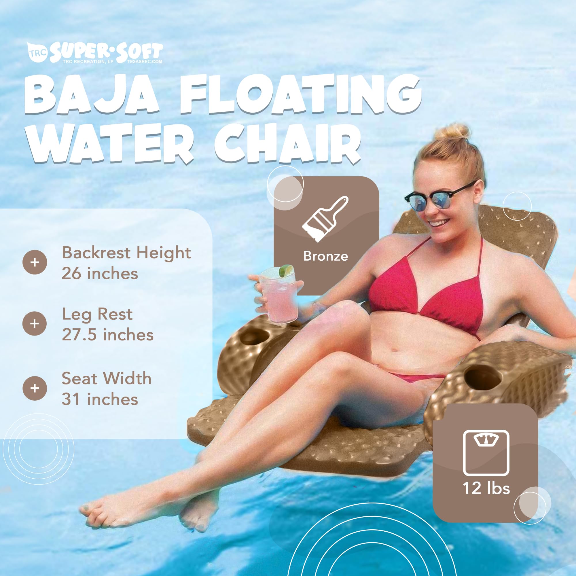 TRC Recreation Folding Baja Chair Foam Swimming Pool Float - Portable Super Soft Floating Lounger with 2 Cup Holders for Beach, Pool & Lake | Pink Inflatable Chair for Relaxing in Water