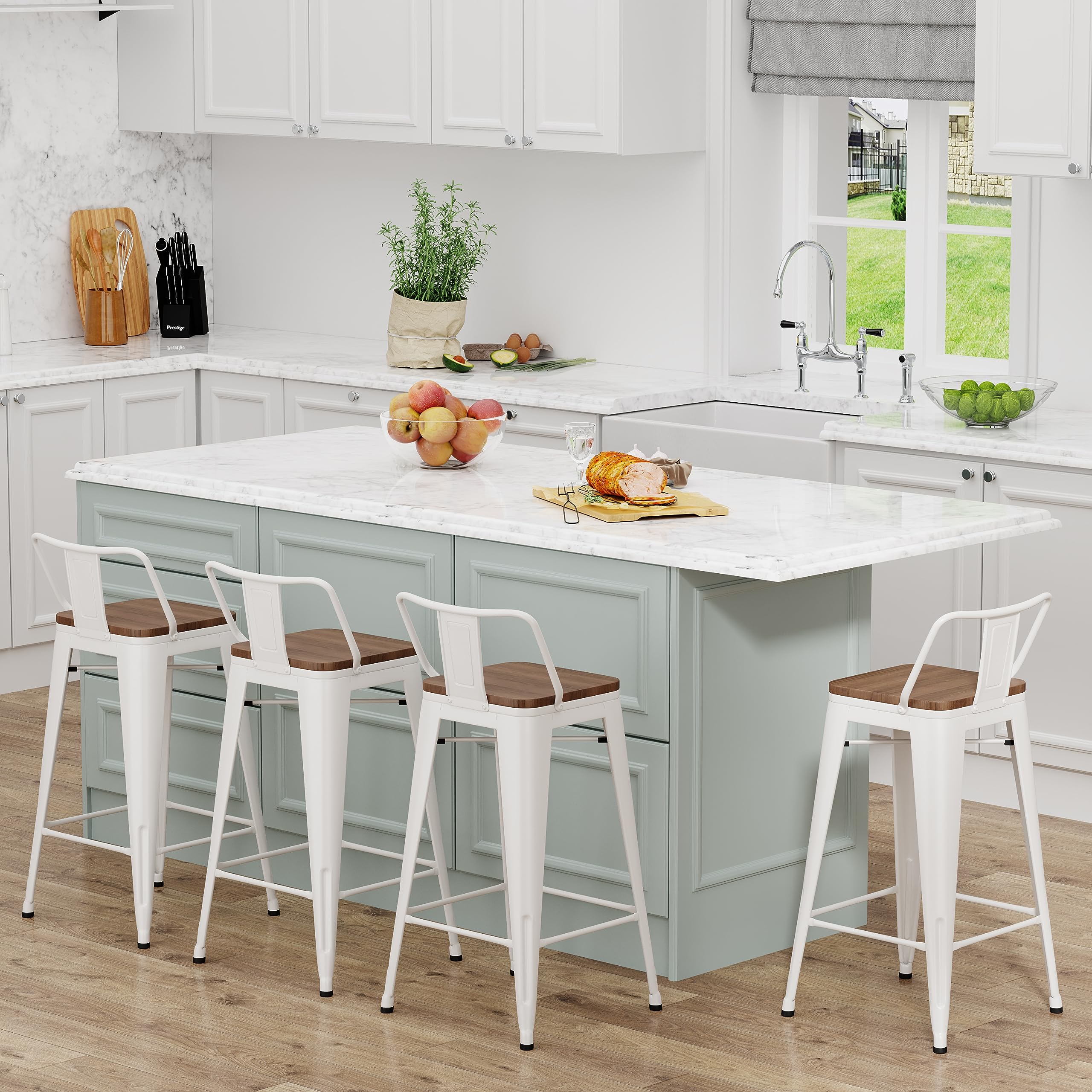 Yongchuang 30 Inch Bar Stools Set of 4 - Metal Bar Height Stools with Wooden Seats & Low Back Design - Cream White Kitchen Counter Chairs for Dining Room, Bar, or Breakfast Nook