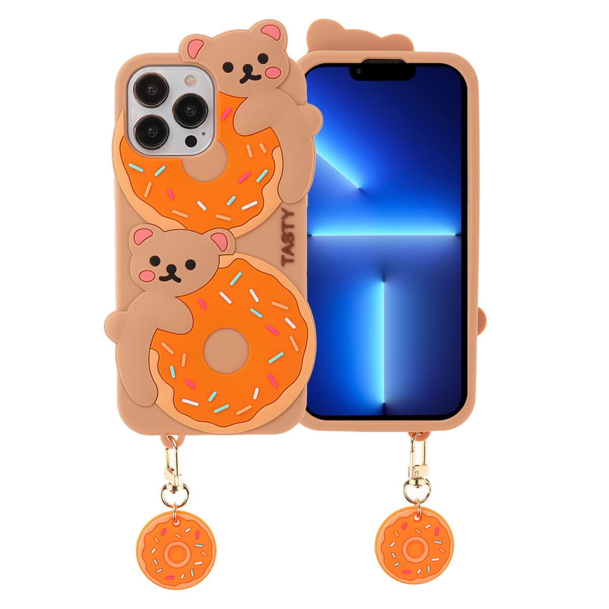 3D Cute Donut Bear Soft Silicone Case for iPhone 13 Pro (6.1 inch) - Cartoon Character Phone Cover for Kids, Girls & Women - Perfect for School, Work & Everyday Protection (Donut Bear Design)