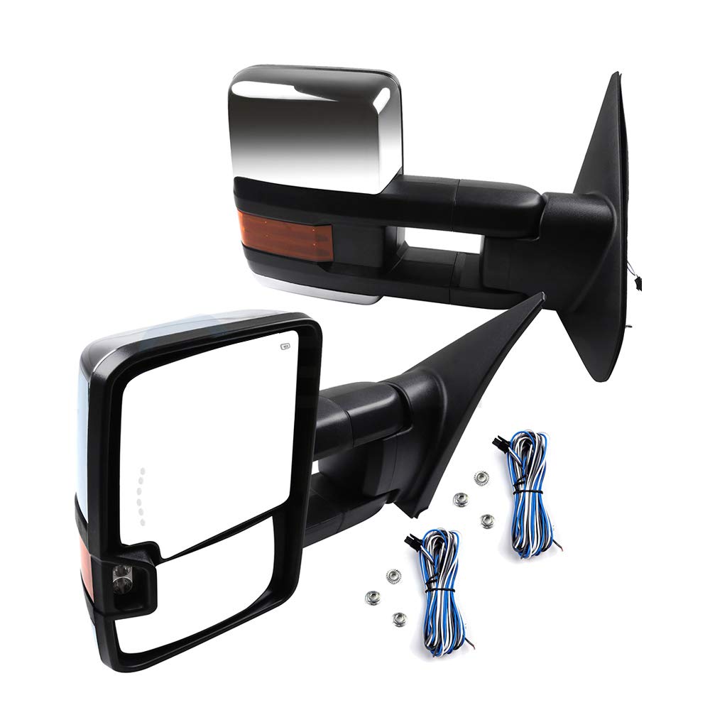 CCiyu Chrome Power-Adjusted Heated Towing Mirrors with Turn Signal & Auxiliary Light - Compatible with 2007-2017 Toyota Tundra (LH Left & RH Right) - Perfect for Enhanced Visibility & Safe Towing in All Weather Conditions