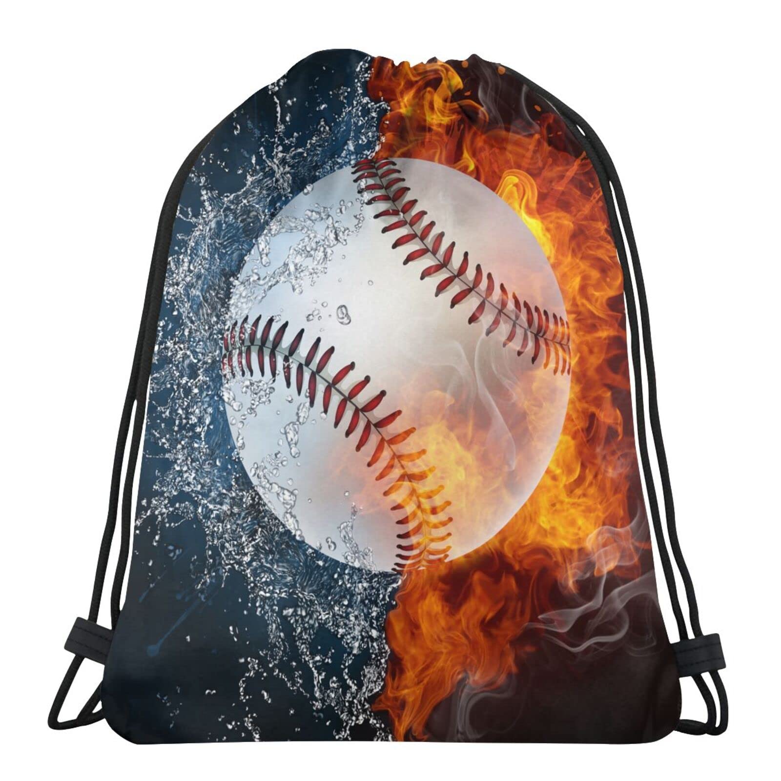 Sports Drawstring Backpack - White Baseball with Fire & Water Flame Design - Gym Sackpack for Men, Women, Boys & Girls - Perfect for Team Activities, Yoga, Travel & Shopping
