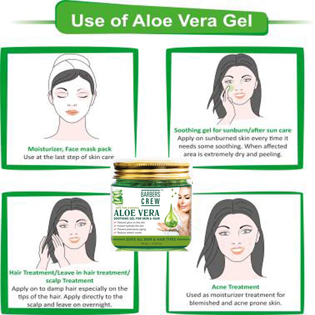 BARBERS CREW Pure & Organic Aloe Vera Gel for Face, Skin & Hair - 100g Soothing Moisturizer for Sunburn, Acne & Dry Skin - Perfect for After Shave, Hair Care & Daily Skincare Routine