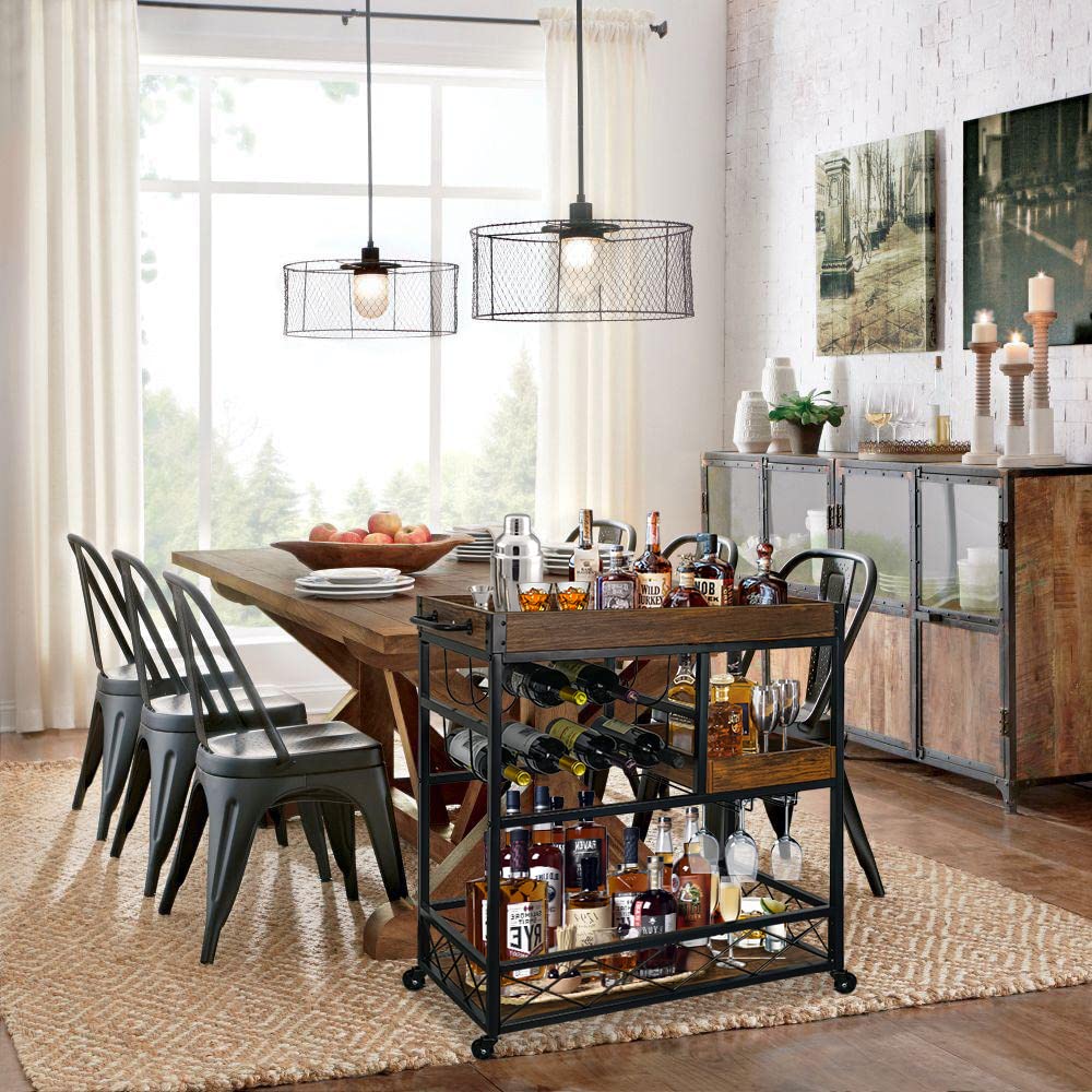 Industrial 3-Tier Bar Cart with Wine Rack & Glass Holder - Rustic Kitchen Serving Cart with Locking Casters, Portable Trays for Home, Party & Restaurant Use