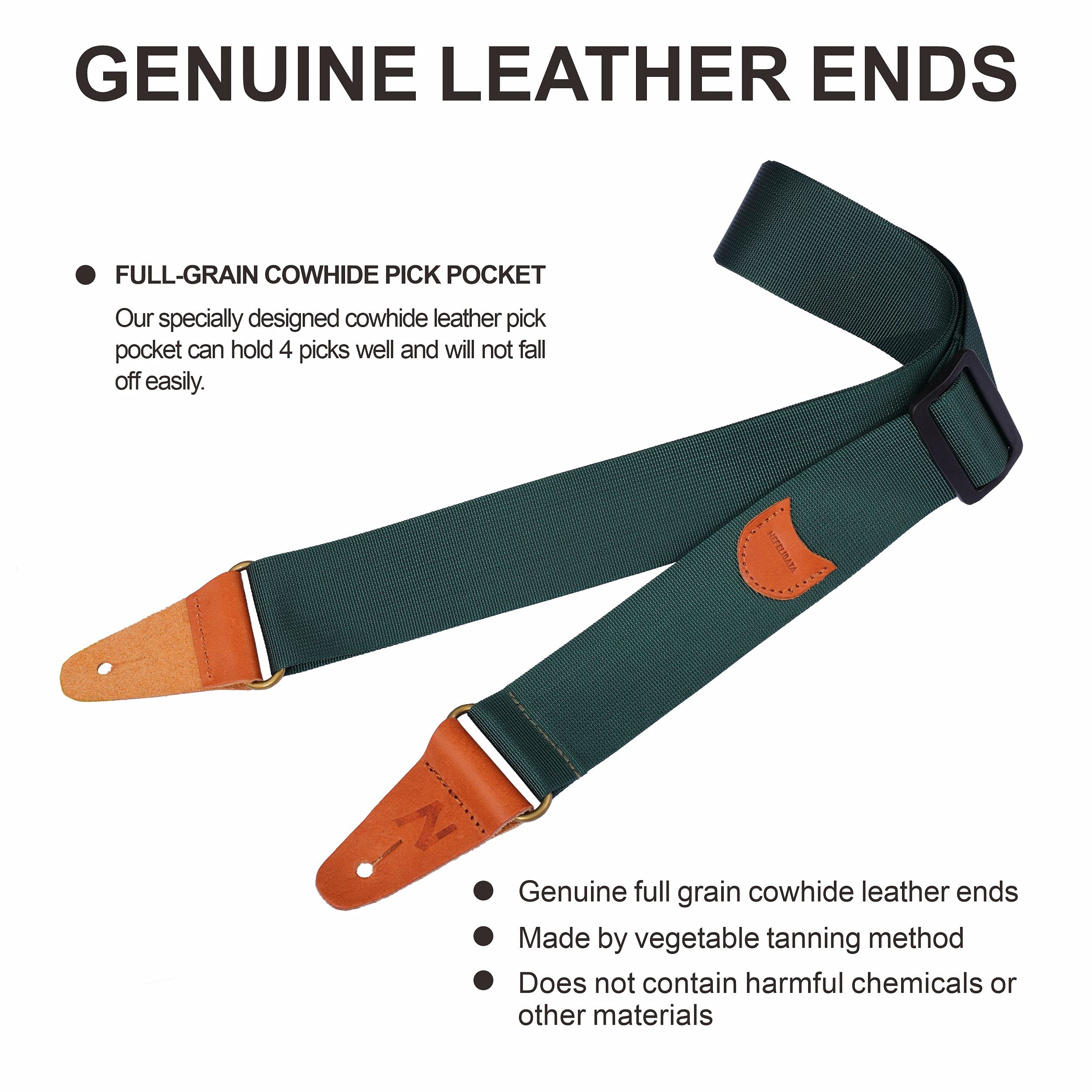 Premium Nylon Guitar Strap with Leather Ends & Pick Pocket - Compatible with Bass, Electric & Acoustic Guitars - Includes Free Strap Button, Strap Locks (1 Pair) & 4 Guitar Picks (Green) - Perfect for Live Performances, Studio Sessions & Practice