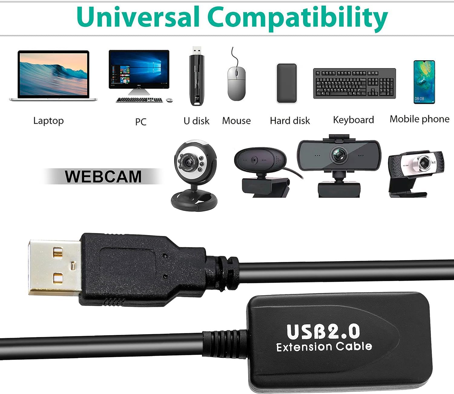 Storite 20M Active USB 2.0 Extension Cable Male to Female with Aluminum Platinum Layer (4.5V Min) - Compatible with Printers, Cameras, Webcams - Perfect for Home Office, Gaming Setup & Smart Devices Connectivity