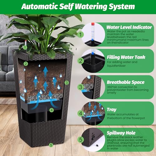 GARVEE 30 Inch Tall Rattan Planters Set of 2 - Indoor & Outdoor Planter Pots with Drainage Holes, Water Level Monitor & Inner Bucket - Automatic Watering Brown Flower Pots for Porch, Patio, Garden & Home Decor