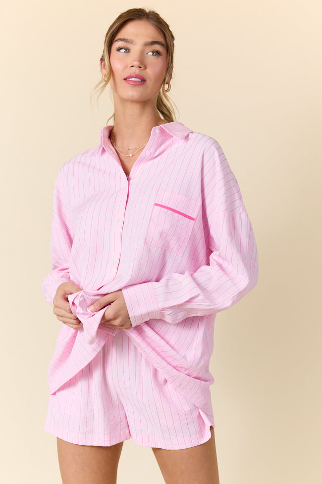 Take It Slow Pink Pinstripe Lounge Set - Soft Womens Pajama Set with Comfortable Shorts & Top | Perfect for Relaxing at Home, Lounging or Sleepwear