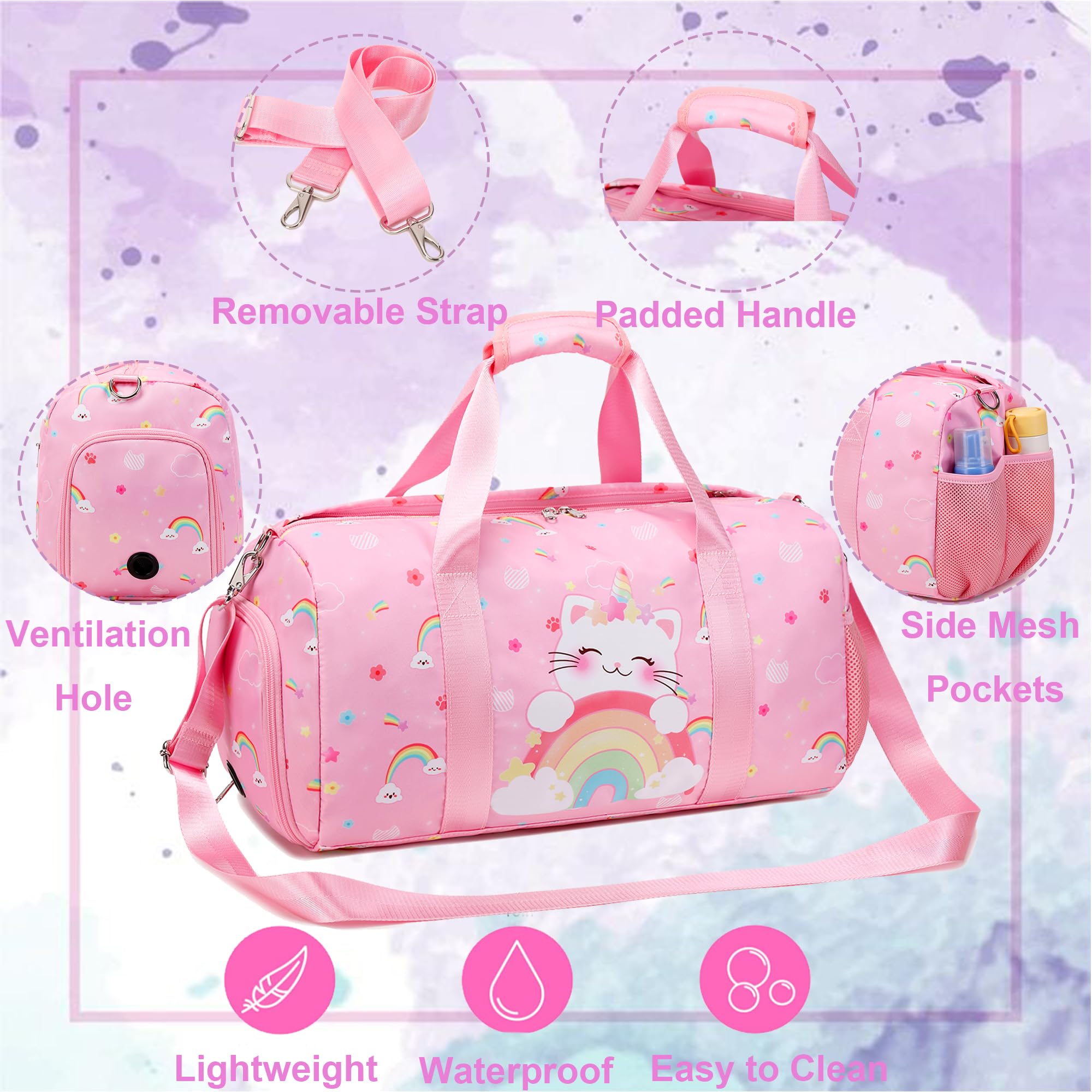 Unicorn Cat Ballet Dance Bag for Girls - Duffle Gym Bag with Shoe Compartment & Wet Pocket - Perfect for Ballet Class, Gymnastics Practice, Travel & Sleepovers