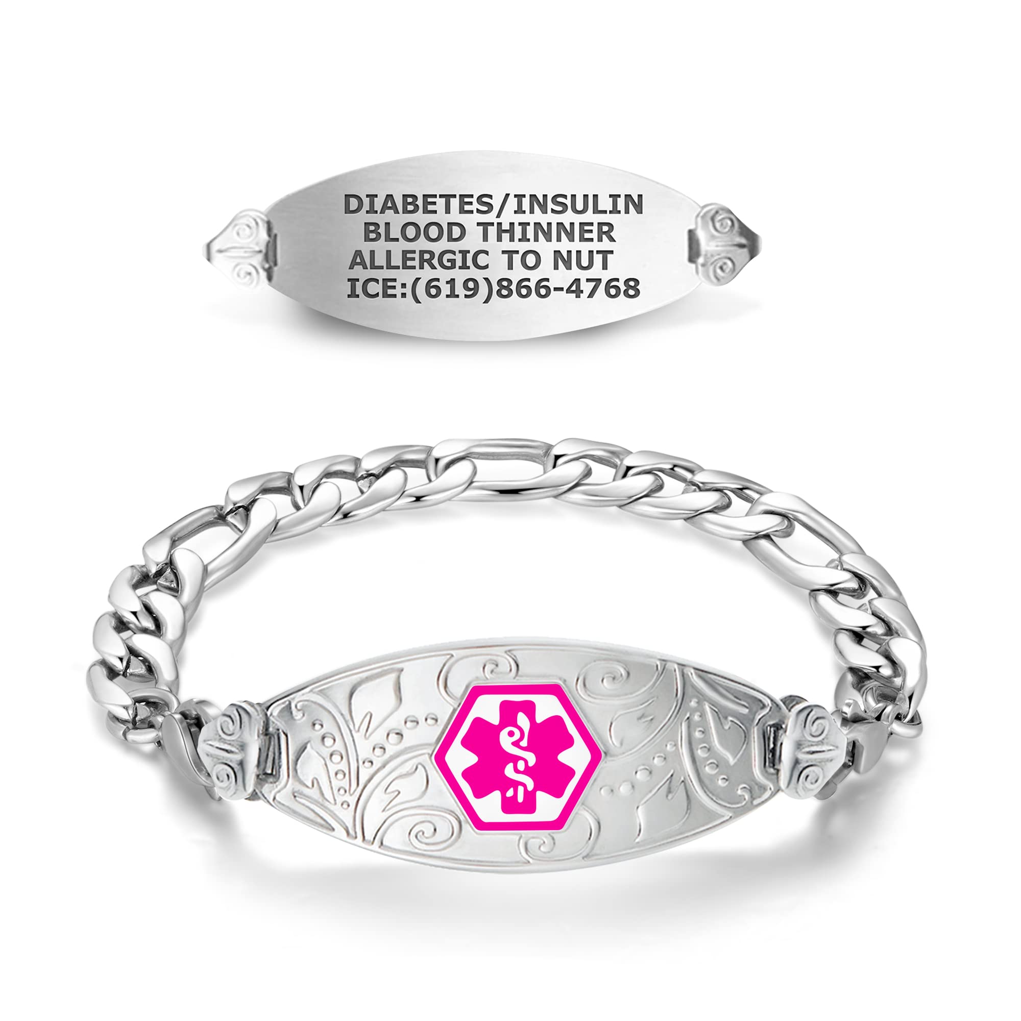 Divoti Custom Engraved Medical Alert Bracelets for Women - Stainless Steel Medical ID Bracelet with Free Engraving - Elegant Filigree Tag & Figaro Chain - Adjustable Sizes & Colors - Perfect for Diabetes, Allergies & Emergency Medical Identification