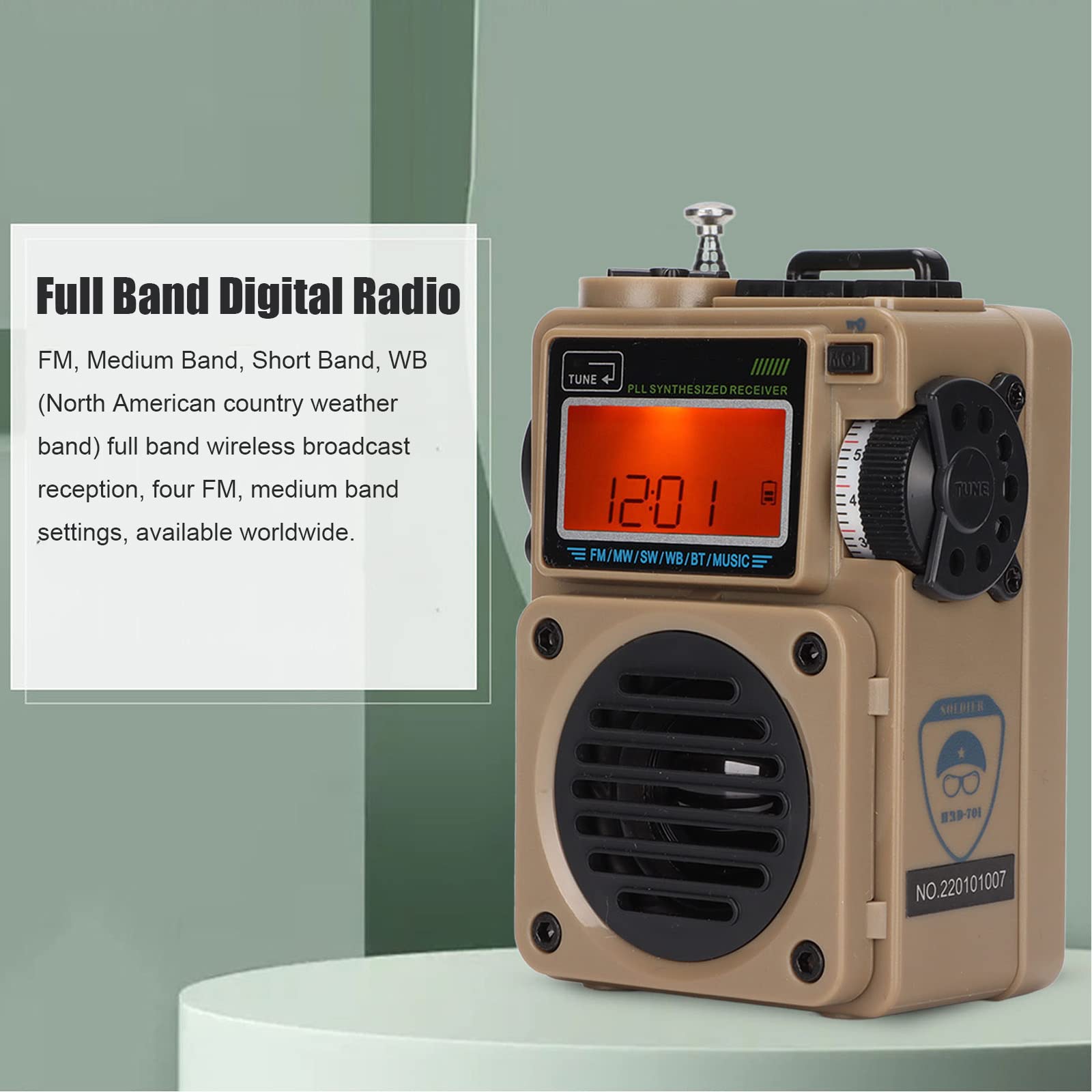 ASHATA Portable Digital Radio with Bluetooth - FM/AM/SW/WB Receiver, LCD Display, Alarm Clock, Speaker, 6 EQ Modes - Perfect for Home, Office, Travel & Emergency Use (Khaki)