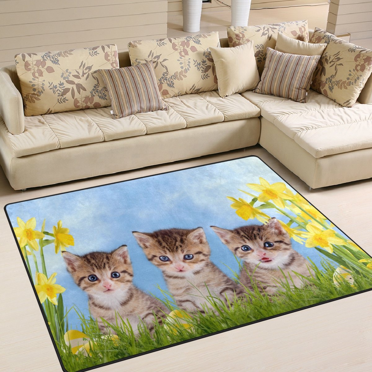 ALAZA Cute Cat & Kitten Easter Floral Rug with Daffodil Design - Soft Non-Slip 7'x5' Area Rug for Living Room, Bedroom, Nursery - Perfect for Spring Decor & Pet-Friendly Homes