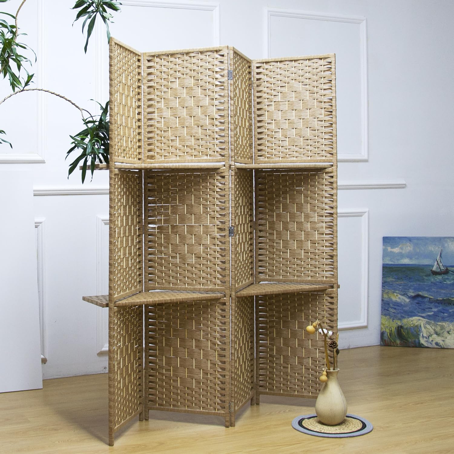 4 Panel Folding Room Divider with Removable Storage Shelves - Light Brown Privacy Screen 67
