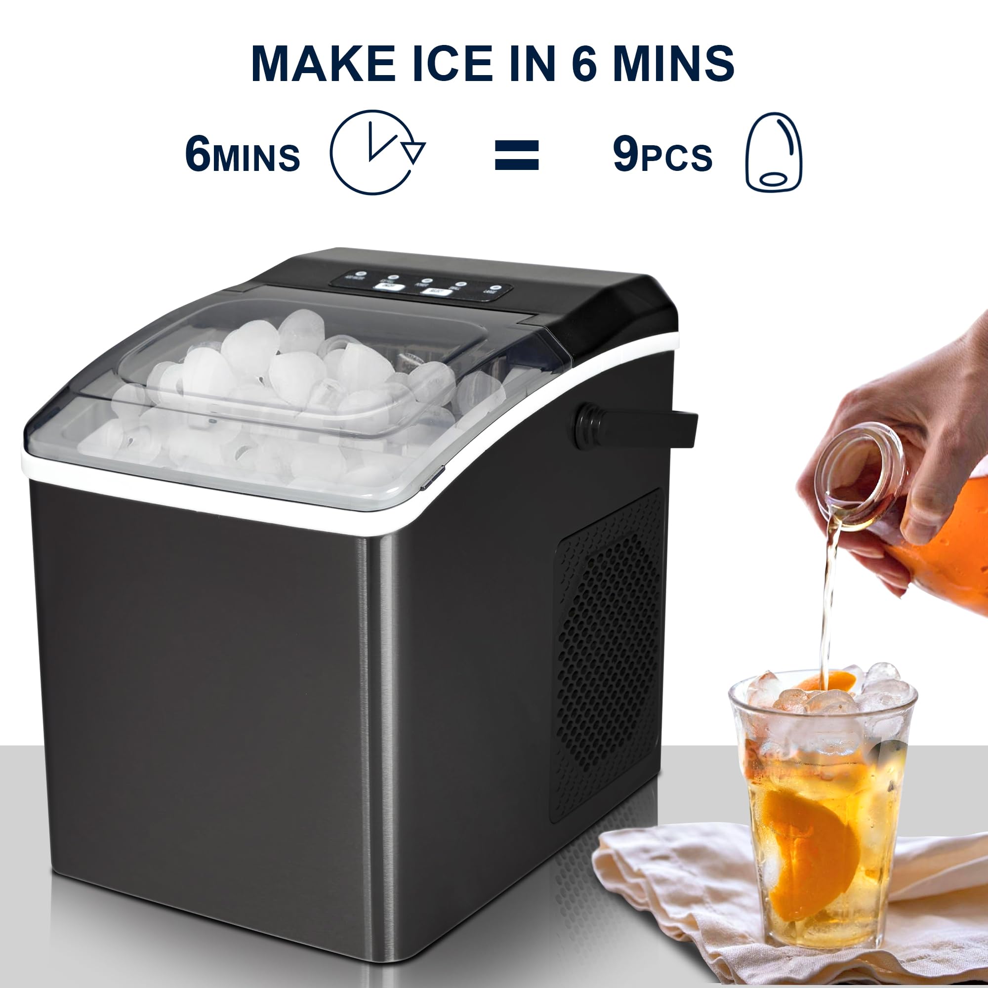 Koolatron Portable Countertop Ice Maker - 26 lbs/24Hrs, Black Stainless Steel, 2 Ice Sizes, Self-Cleaning, Makes 9 Ice Cubes in 6 Mins - Perfect for Home, Office, RV, and Outdoor Parties
