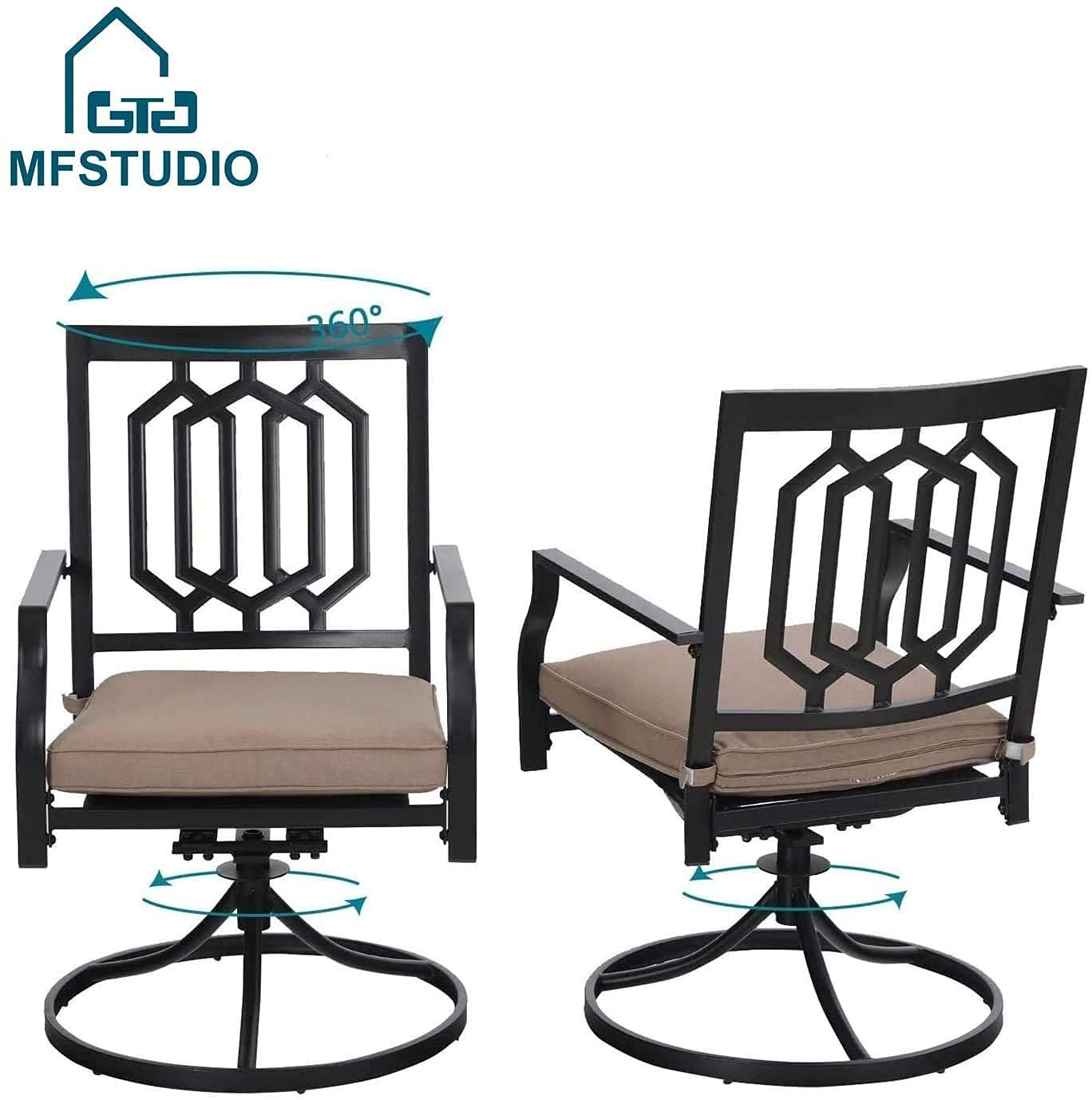 MFSTUDIO 6-Piece Metal Patio Dining Set with Swivel Armrest Chairs & Cushions, Outdoor Furniture for Backyard, Garden, Poolside - Includes 6 Chairs & 1 Rectangle Steel Table